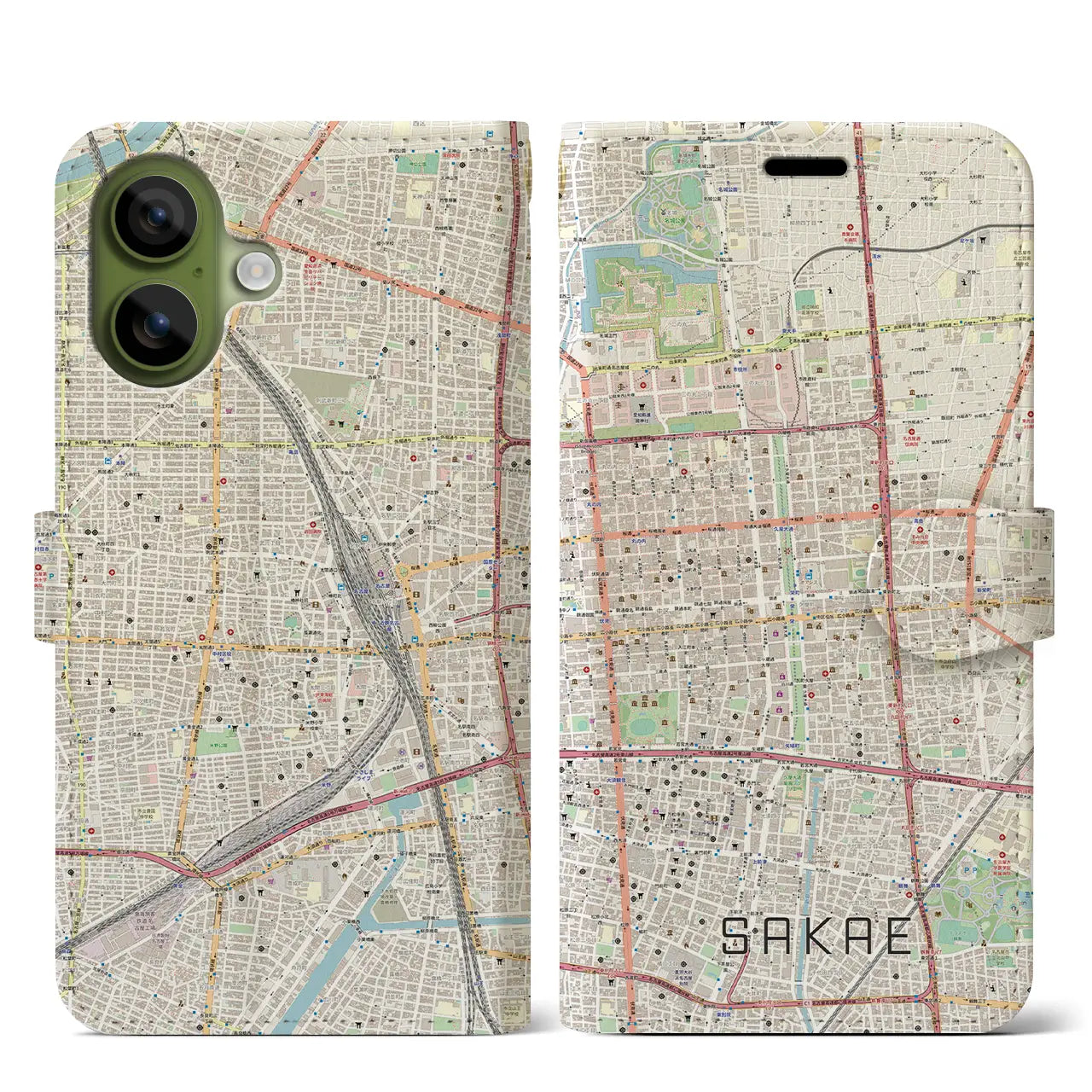 【栄(愛知県)】地図柄iPhoneケース(手帳タイプ)