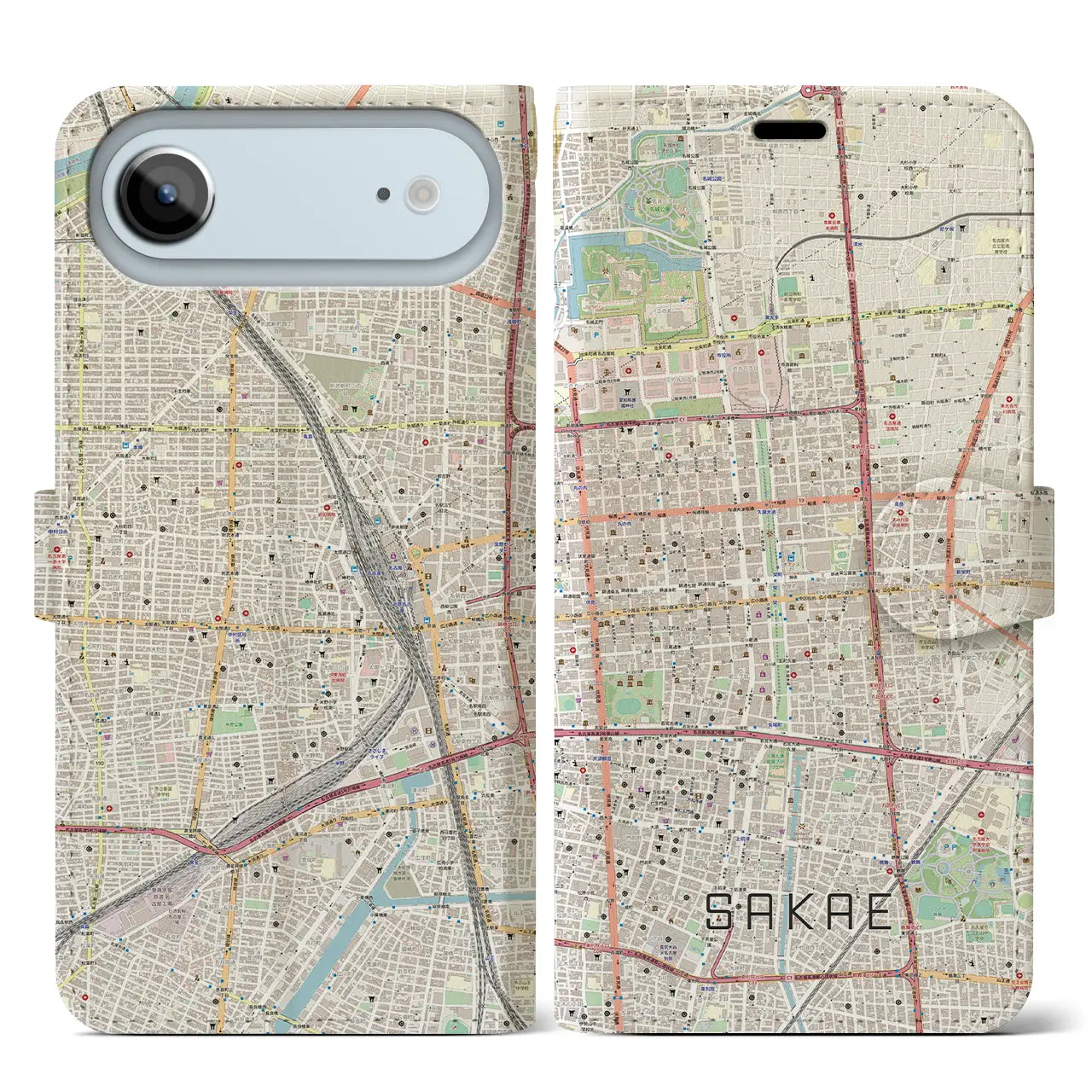 【栄(愛知県)】地図柄iPhoneケース(手帳タイプ)モノトーン・iPhone 17 Pro Max 用