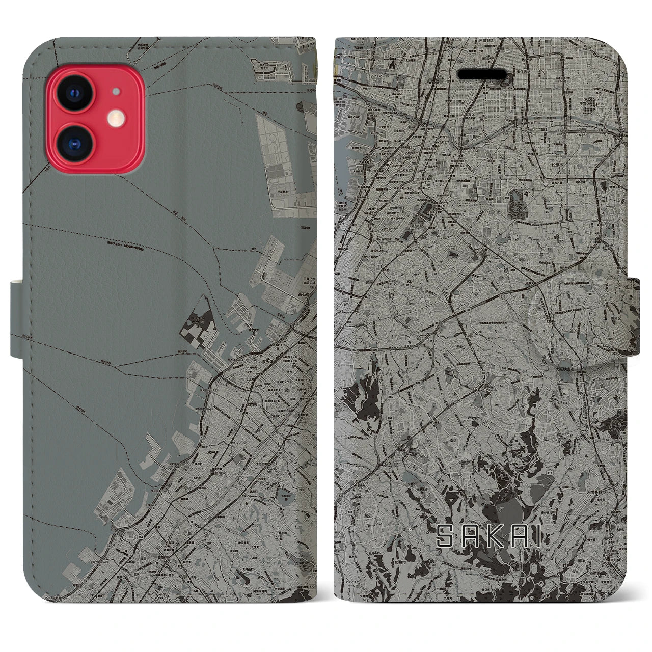 【堺2(大阪府)】地図柄iPhoneケース(手帳タイプ)モノトーン・iPhone 11 用