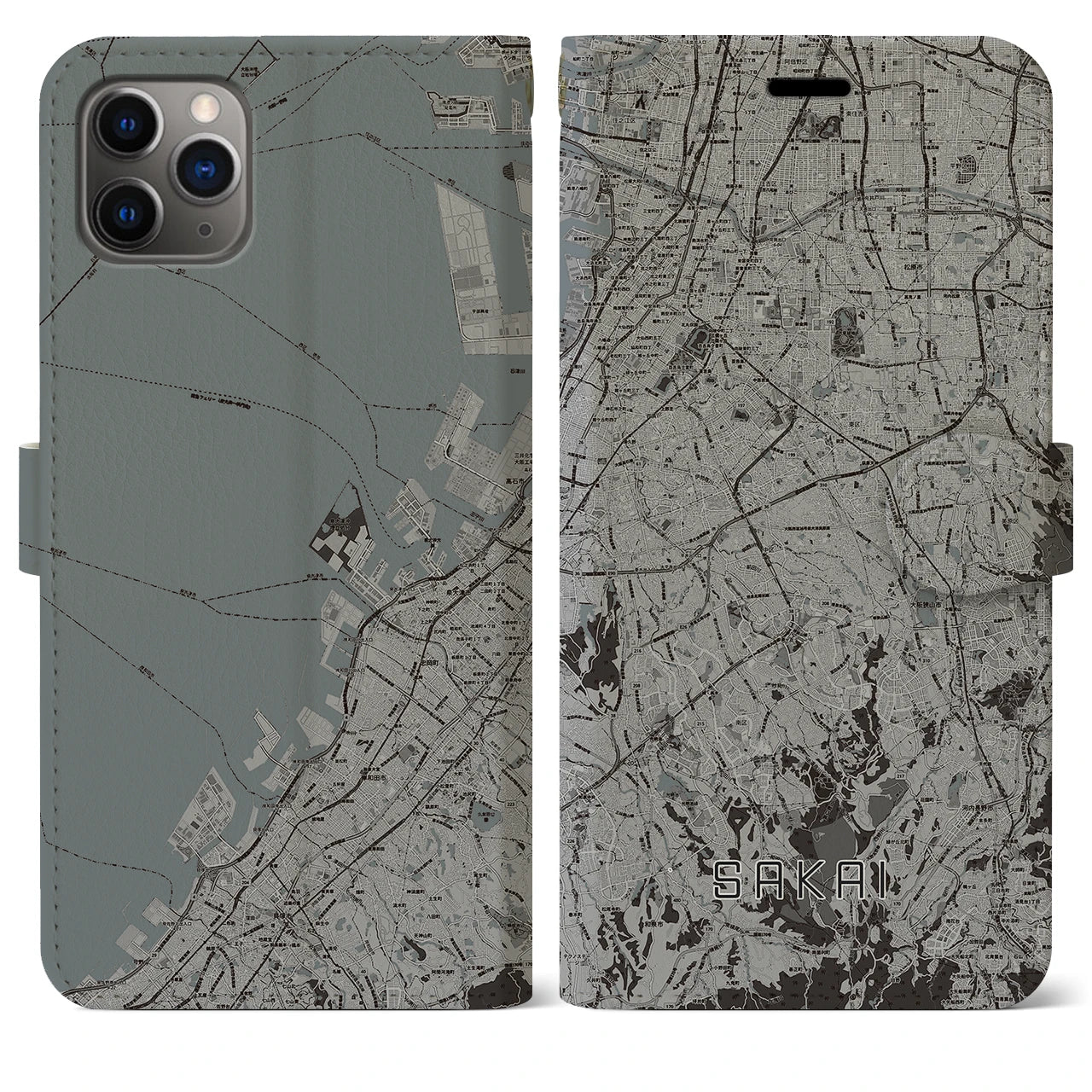 【堺2(大阪府)】地図柄iPhoneケース(手帳タイプ)モノトーン・iPhone 11 Pro Max 用