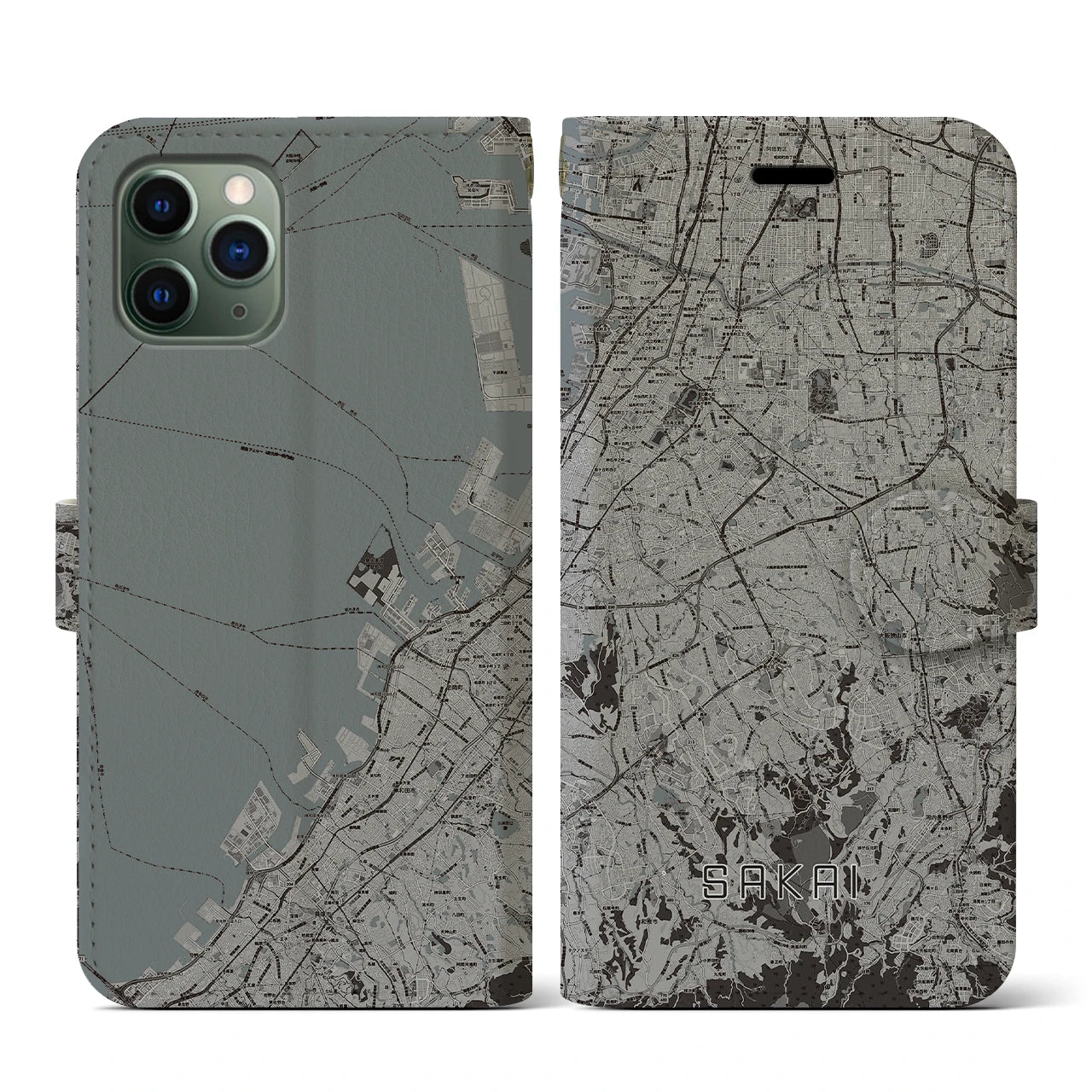 【堺2(大阪府)】地図柄iPhoneケース(手帳タイプ)モノトーン・iPhone 11 Pro 用