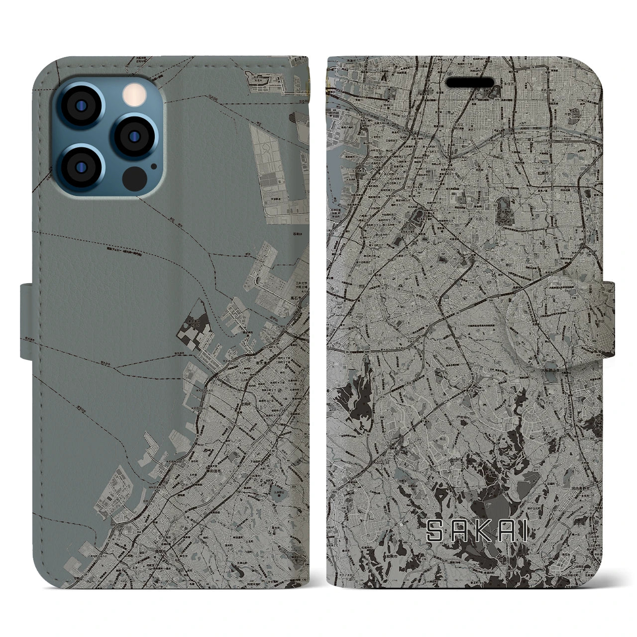 【堺2(大阪府)】地図柄iPhoneケース(手帳タイプ)モノトーン・iPhone 12 / 12 Pro 用