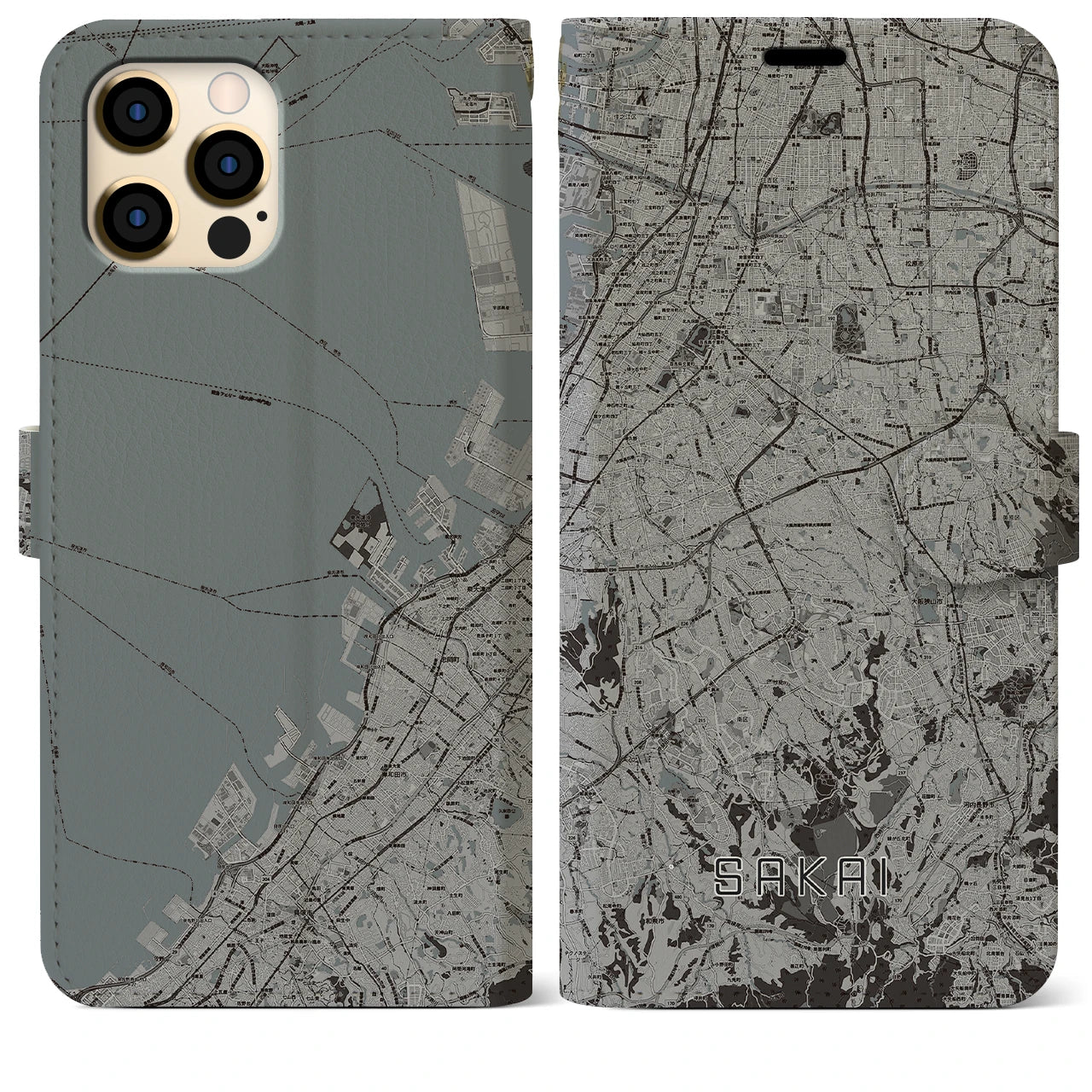 【堺2(大阪府)】地図柄iPhoneケース(手帳タイプ)モノトーン・iPhone 12 Pro Max 用
