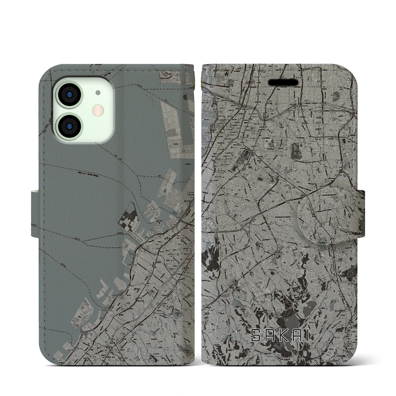 【堺2(大阪府)】地図柄iPhoneケース(手帳タイプ)モノトーン・iPhone 12 mini 用