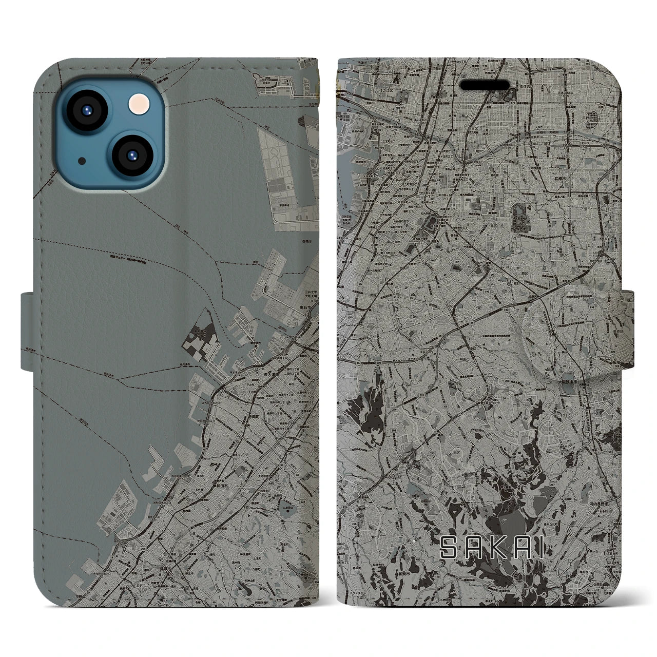 【堺2(大阪府)】地図柄iPhoneケース(手帳タイプ)モノトーン・iPhone 13 用
