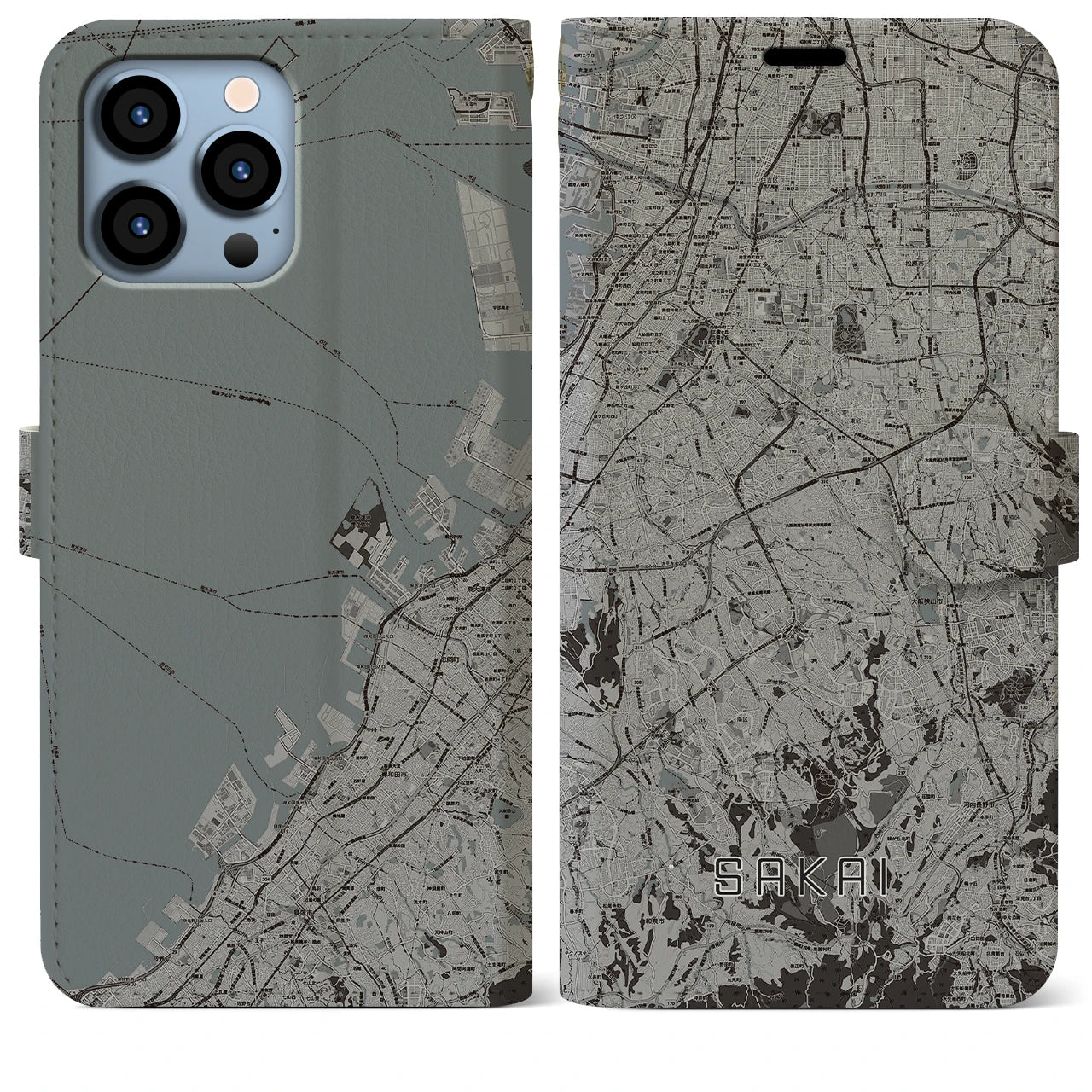 【堺2(大阪府)】地図柄iPhoneケース(手帳タイプ)モノトーン・iPhone 13 Pro Max 用