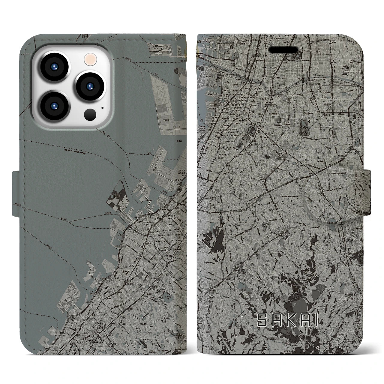【堺2(大阪府)】地図柄iPhoneケース(手帳タイプ)モノトーン・iPhone 13 Pro 用