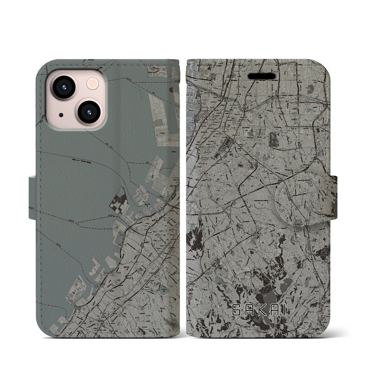 【堺2(大阪府)】地図柄iPhoneケース(手帳タイプ)モノトーン・iPhone 13 mini 用