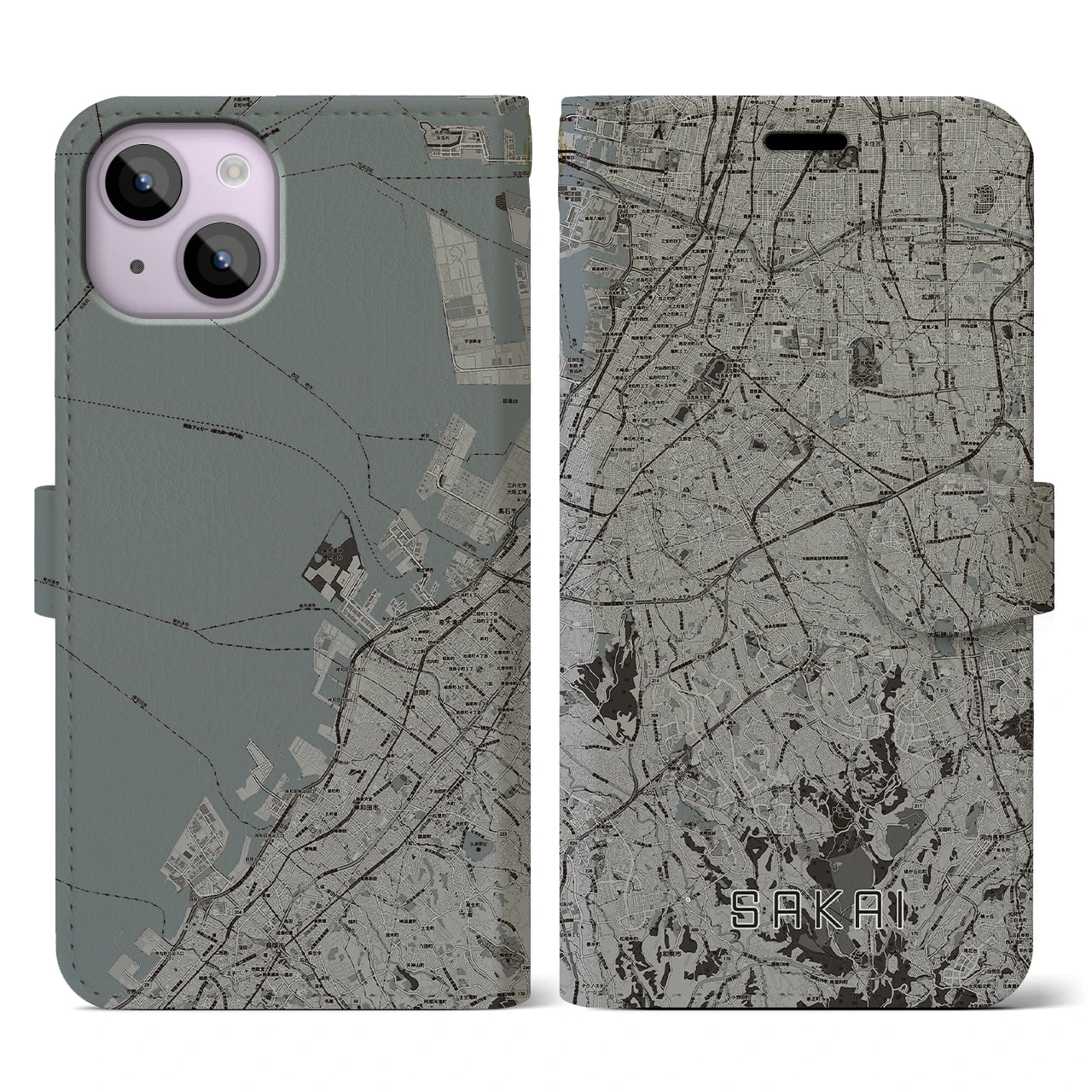 【堺2(大阪府)】地図柄iPhoneケース(手帳タイプ)モノトーン・iPhone 14 用
