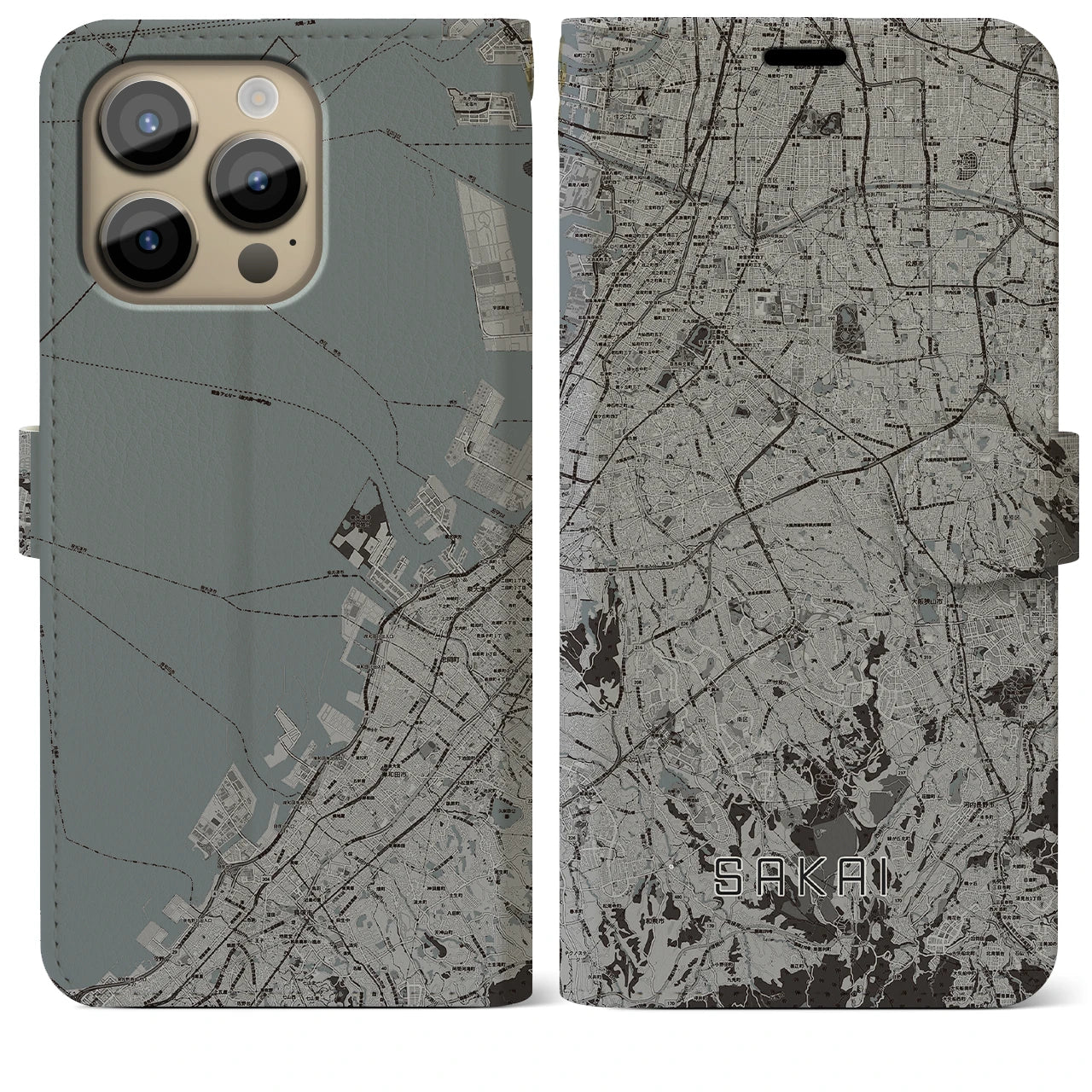 【堺2(大阪府)】地図柄iPhoneケース(手帳タイプ)モノトーン・iPhone 14 Pro Max 用