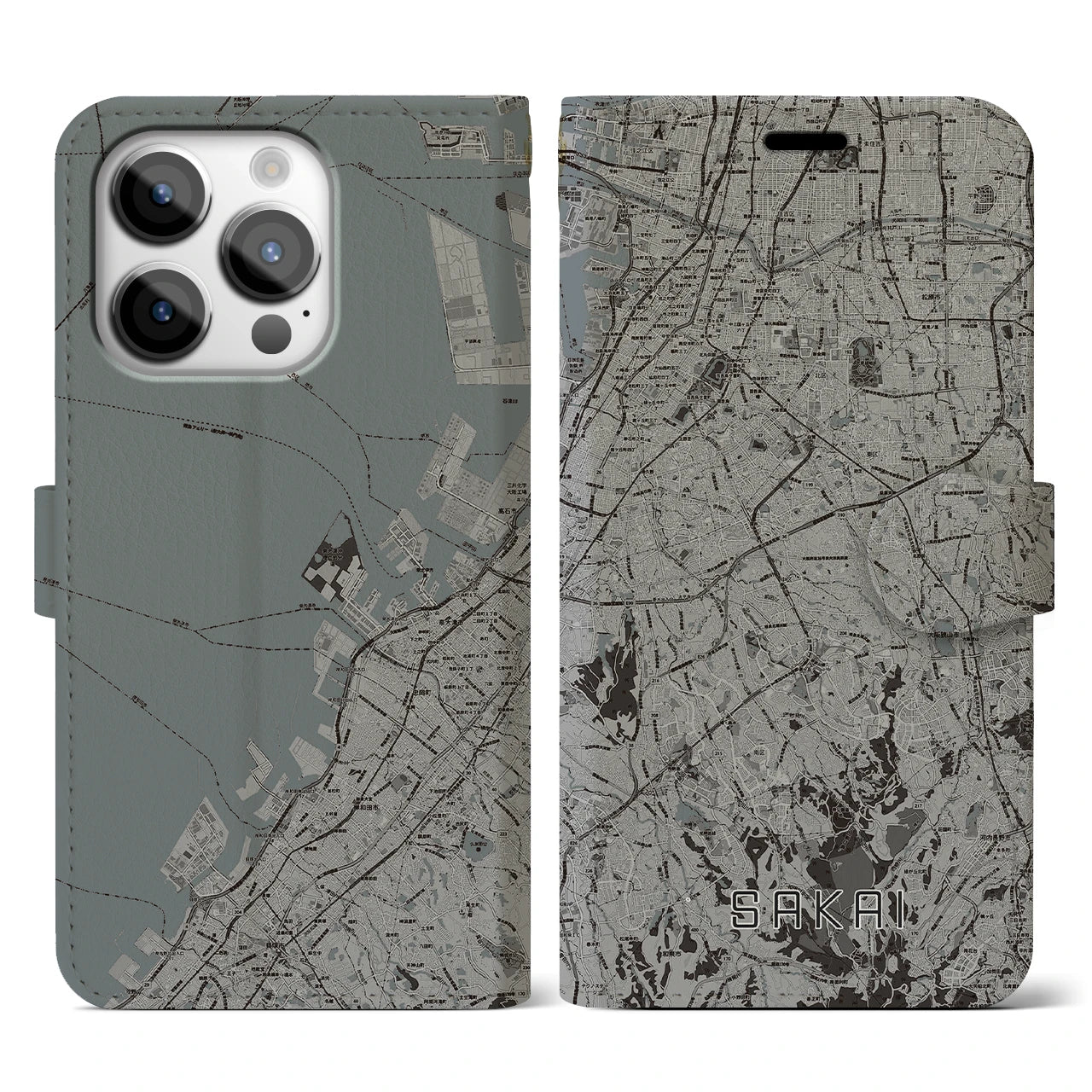 【堺2(大阪府)】地図柄iPhoneケース(手帳タイプ)モノトーン・iPhone 14 Pro 用