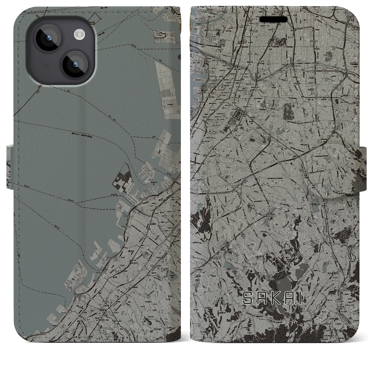 【堺2(大阪府)】地図柄iPhoneケース(手帳タイプ)モノトーン・iPhone 14 Plus 用