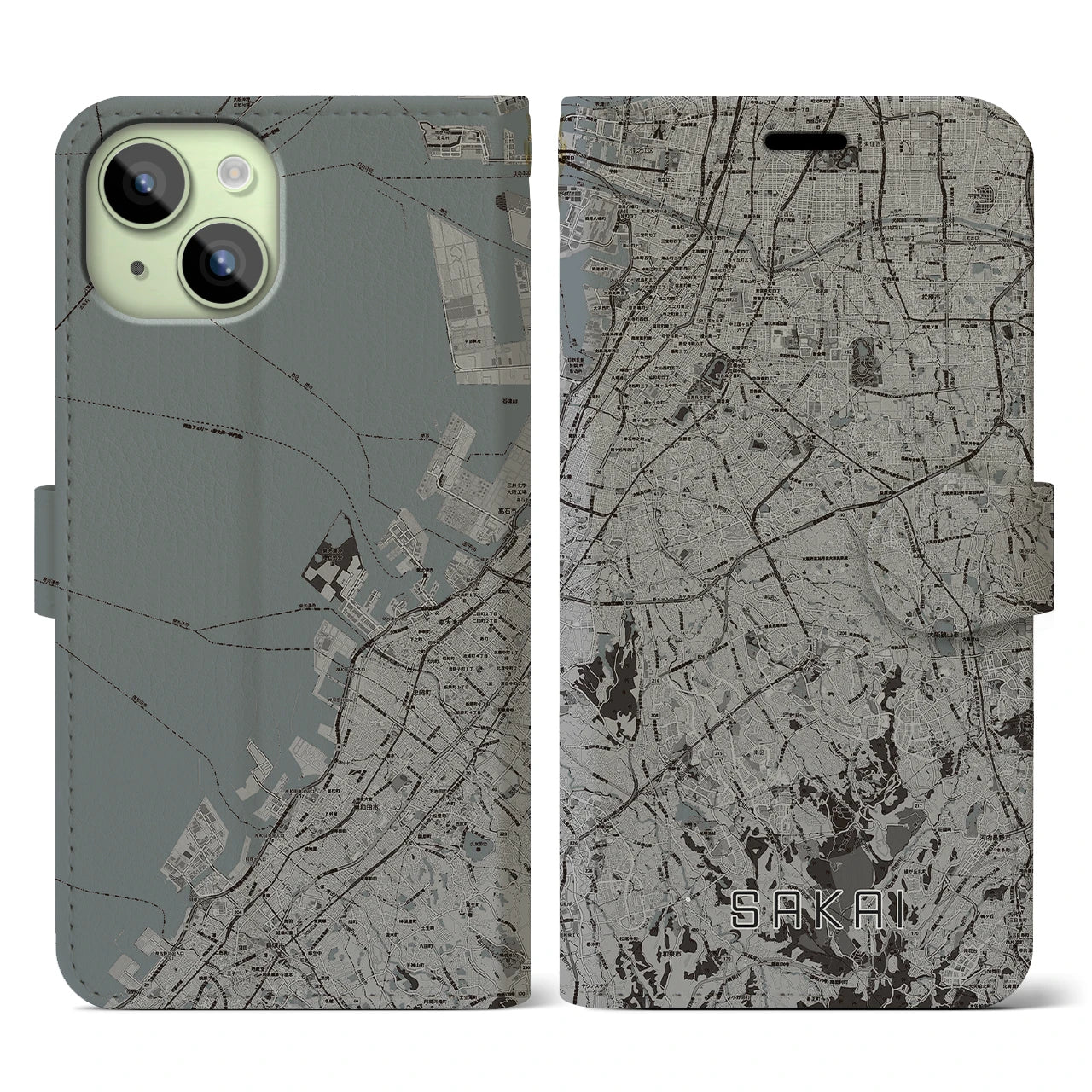 【堺2(大阪府)】地図柄iPhoneケース(手帳タイプ)モノトーン・iPhone 15 用