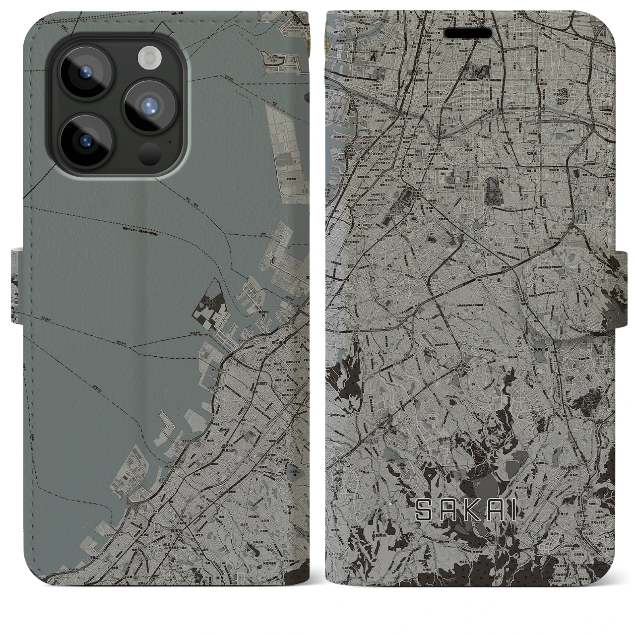 【堺2(大阪府)】地図柄iPhoneケース(手帳タイプ)モノトーン・iPhone 15 Pro Max 用