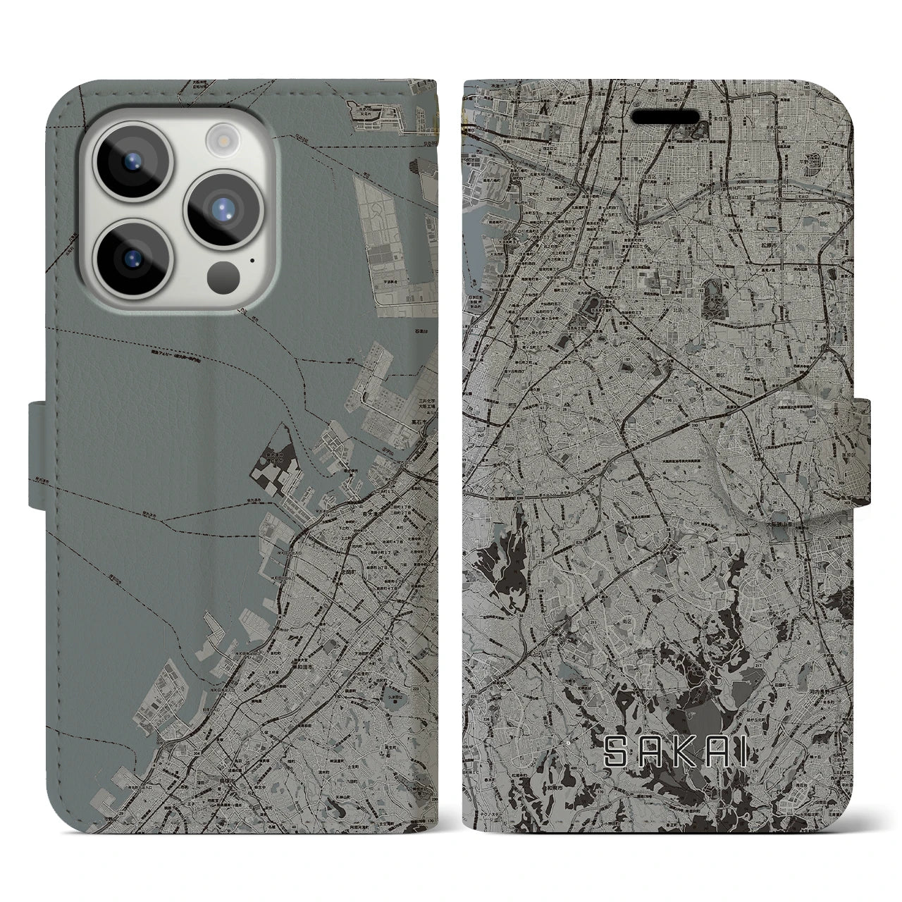 【堺2(大阪府)】地図柄iPhoneケース(手帳タイプ)モノトーン・iPhone 15 Pro 用
