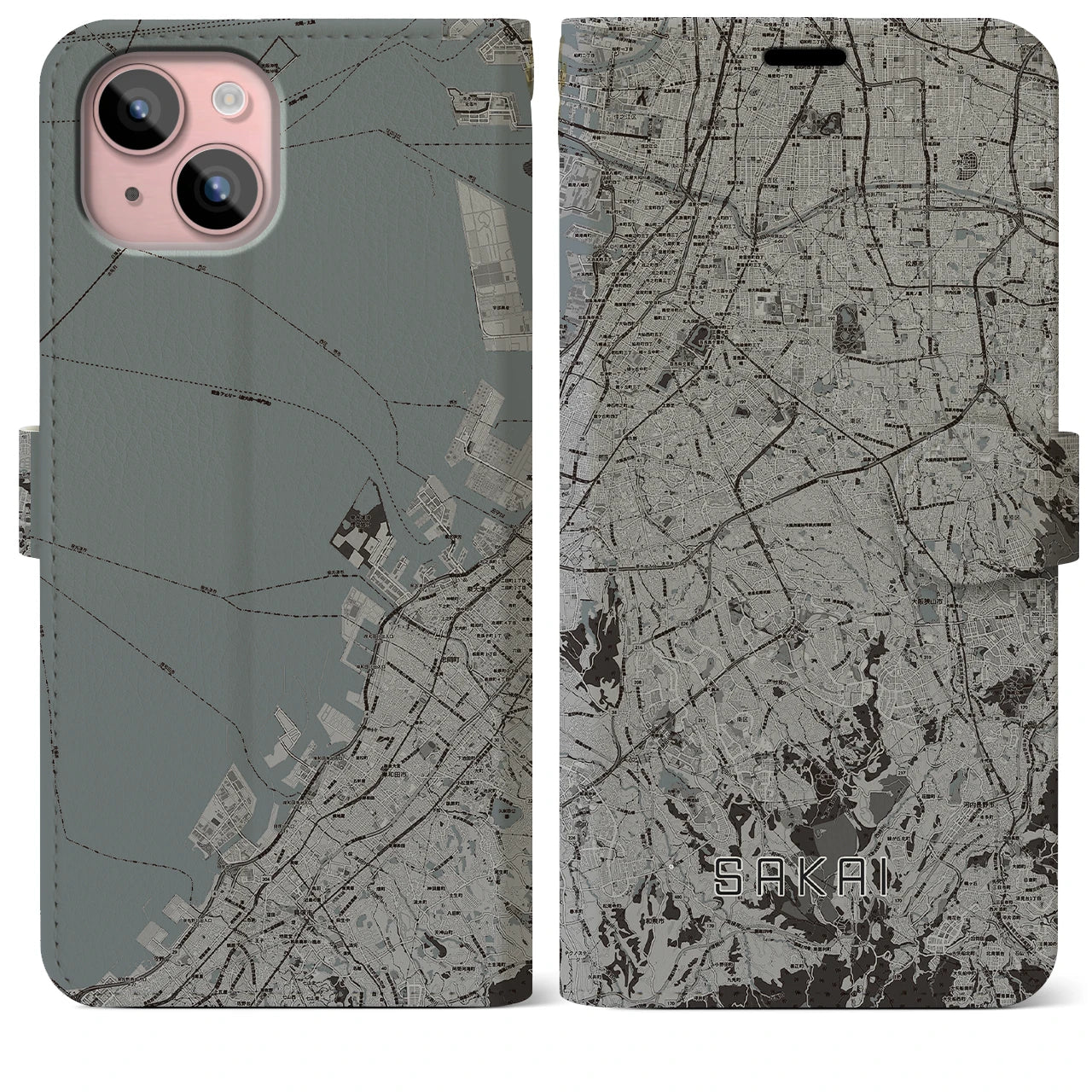【堺2(大阪府)】地図柄iPhoneケース(手帳タイプ)モノトーン・iPhone 15 Plus 用