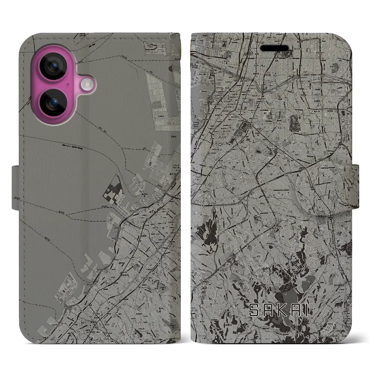 【堺2(大阪府)】地図柄iPhoneケース(手帳タイプ)モノトーン・iPhone 16 Pro 用