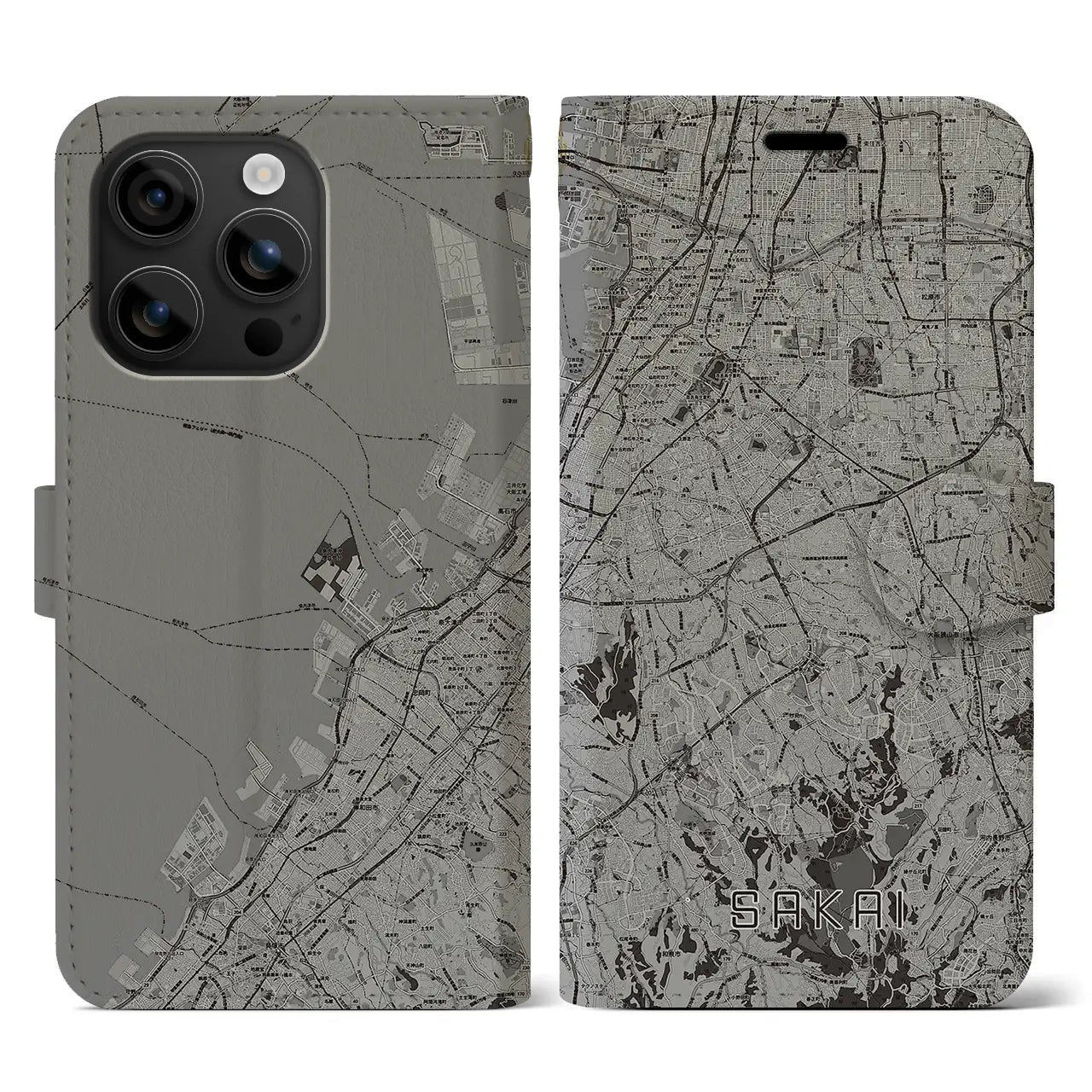 【堺2(大阪府)】地図柄iPhoneケース(手帳タイプ)モノトーン・iPhone 16 用