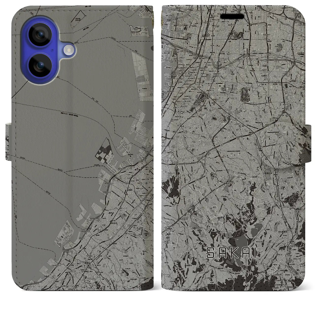 【堺2(大阪府)】地図柄iPhoneケース(手帳タイプ)モノトーン・iPhone 16 Pro Max 用