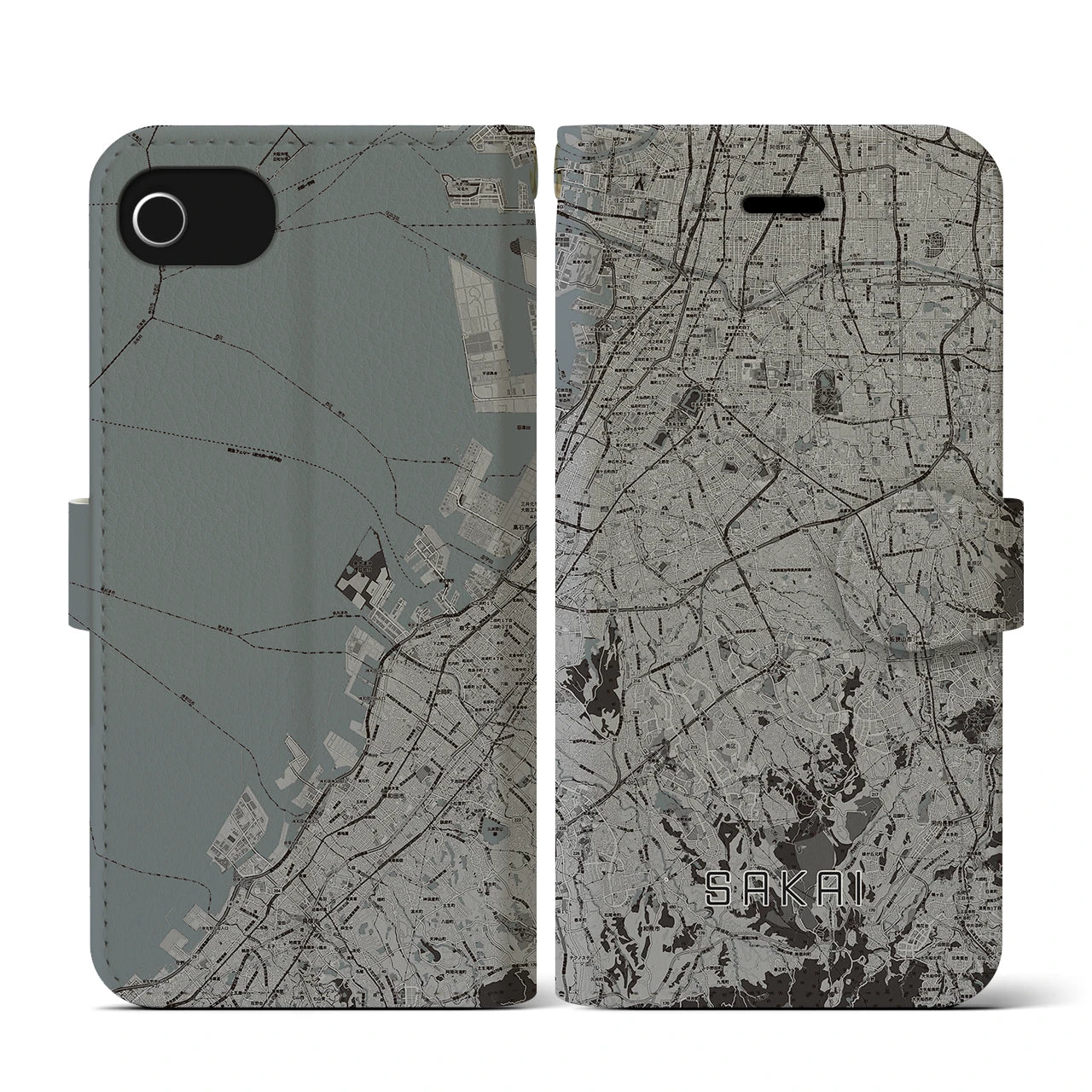 【堺2(大阪府)】地図柄iPhoneケース(手帳タイプ)モノトーン・iPhone SE(第3 / 第2世代) / 8 / 7 / 6s / 6 用