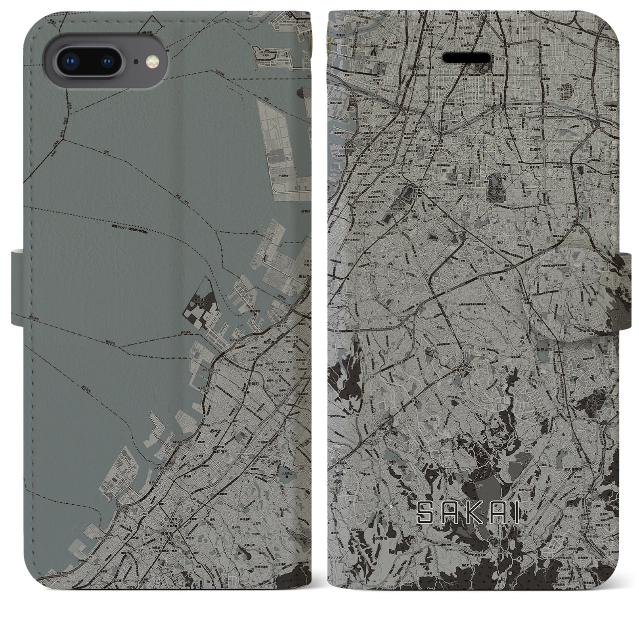 【堺2(大阪府)】地図柄iPhoneケース(手帳タイプ)モノトーン・iPhone 8Plus /7Plus / 6sPlus / 6Plus 用