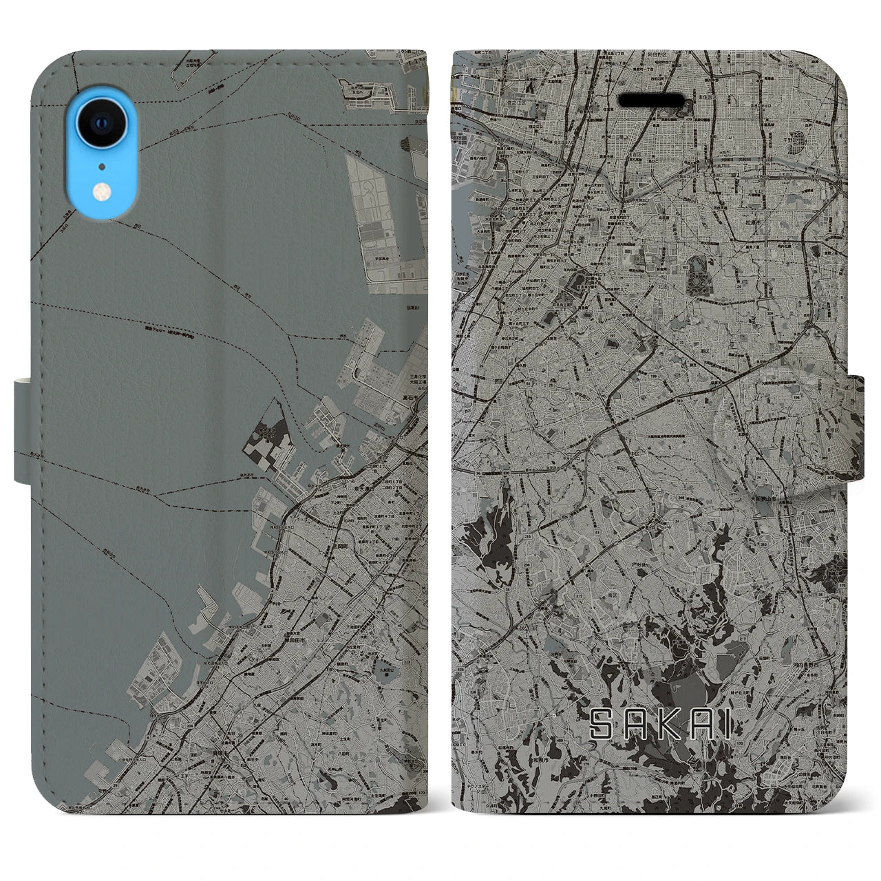 【堺2(大阪府)】地図柄iPhoneケース(手帳タイプ)モノトーン・iPhone XR 用