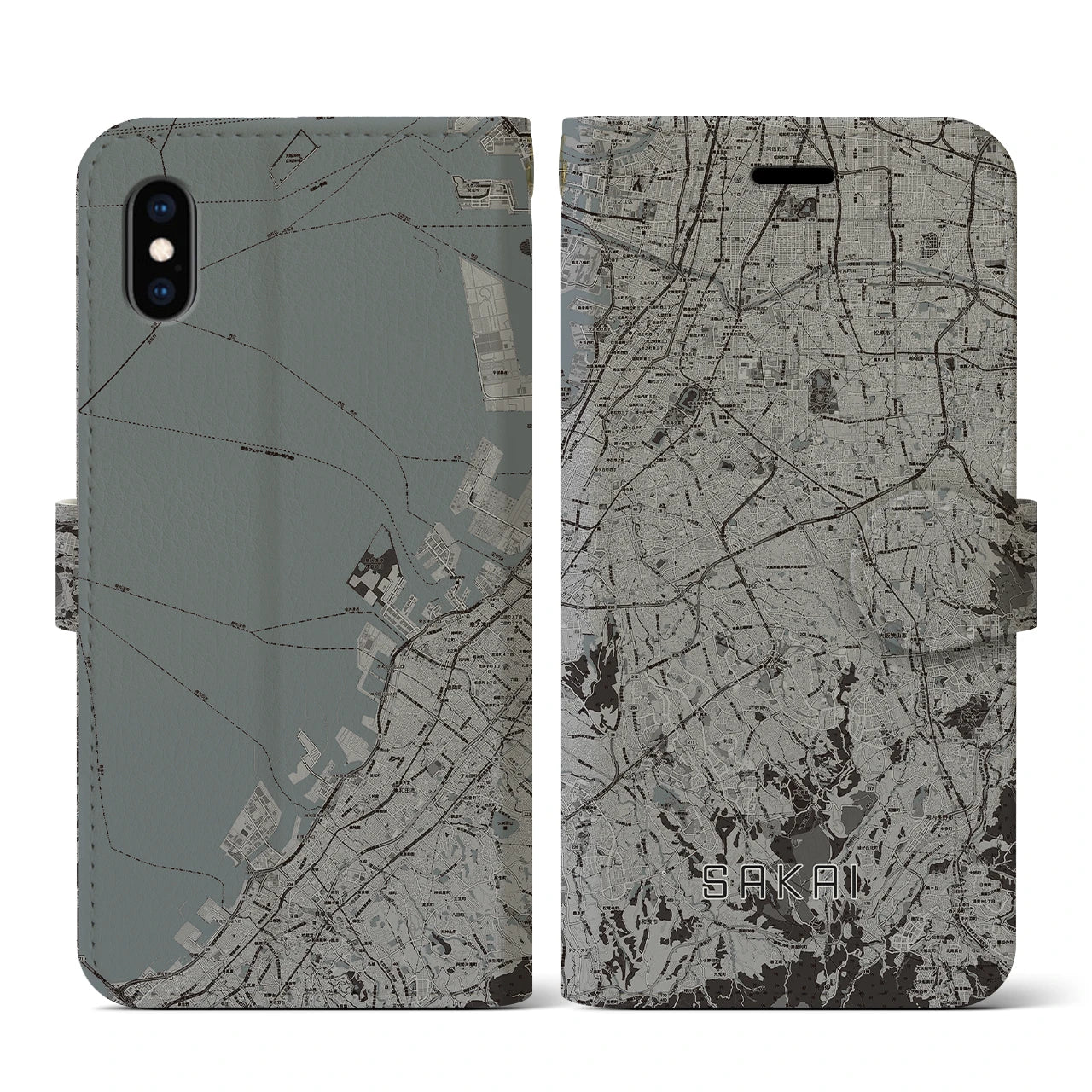 【堺2(大阪府)】地図柄iPhoneケース(手帳タイプ)モノトーン・iPhone XS / X 用