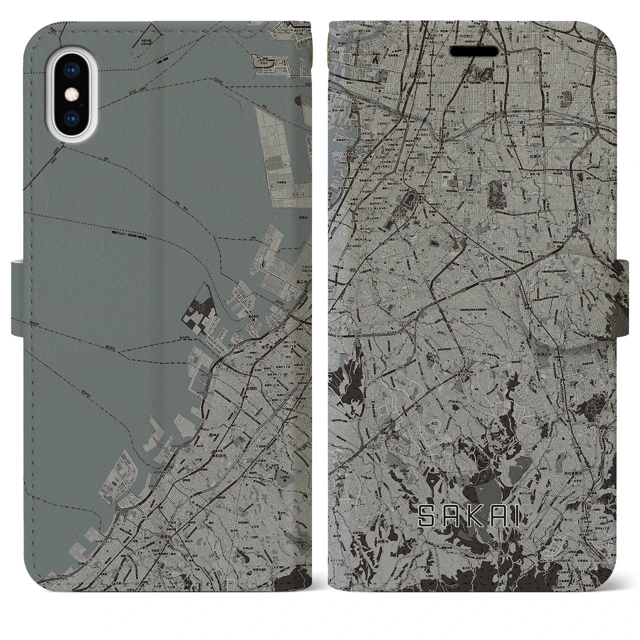 【堺2(大阪府)】地図柄iPhoneケース(手帳タイプ)モノトーン・iPhone XS Max 用