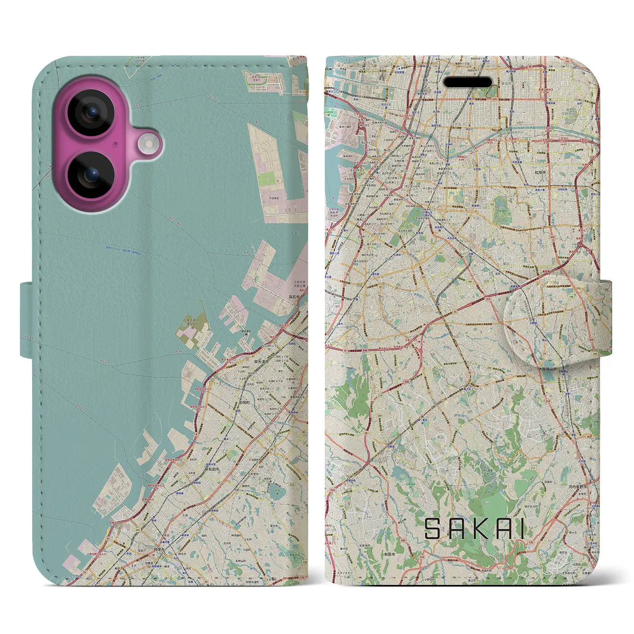 【堺2(大阪府)】地図柄iPhoneケース(手帳タイプ)ナチュラル・iPhone 16 Pro 用