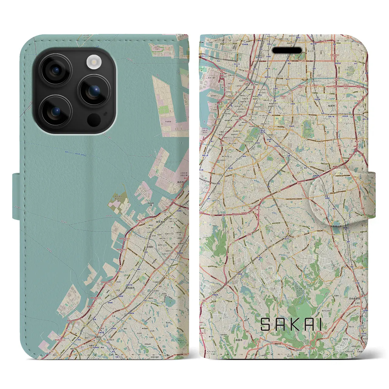 【堺2(大阪府)】地図柄iPhoneケース(手帳タイプ)ナチュラル・iPhone 16 用