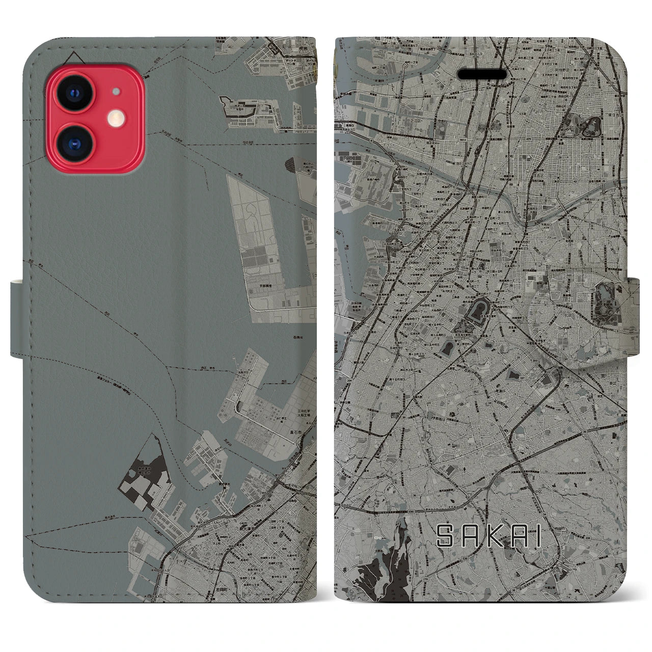 【堺(大阪府)】地図柄iPhoneケース(手帳タイプ)モノトーン・iPhone 11 用