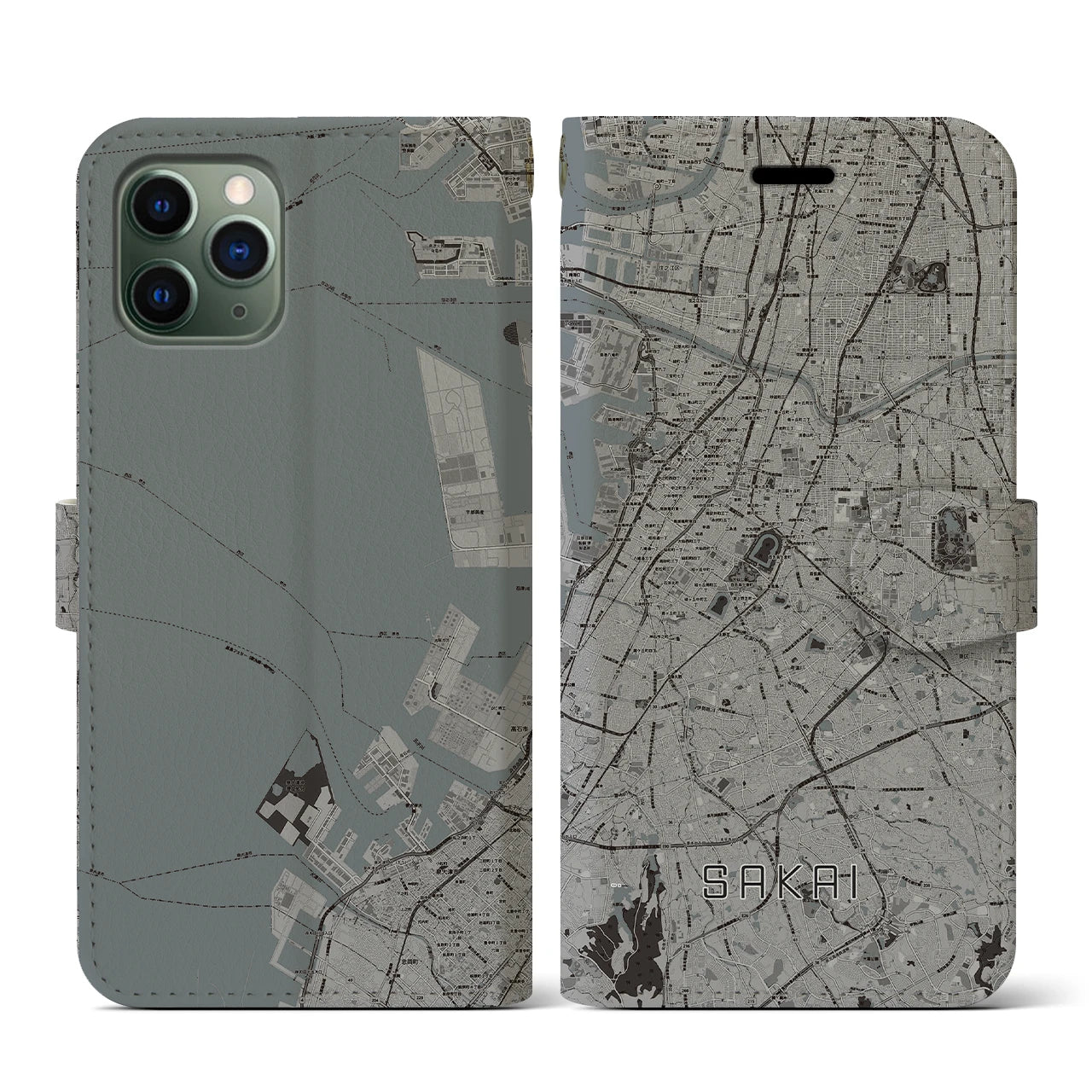 【堺(大阪府)】地図柄iPhoneケース(手帳タイプ)モノトーン・iPhone 11 Pro 用