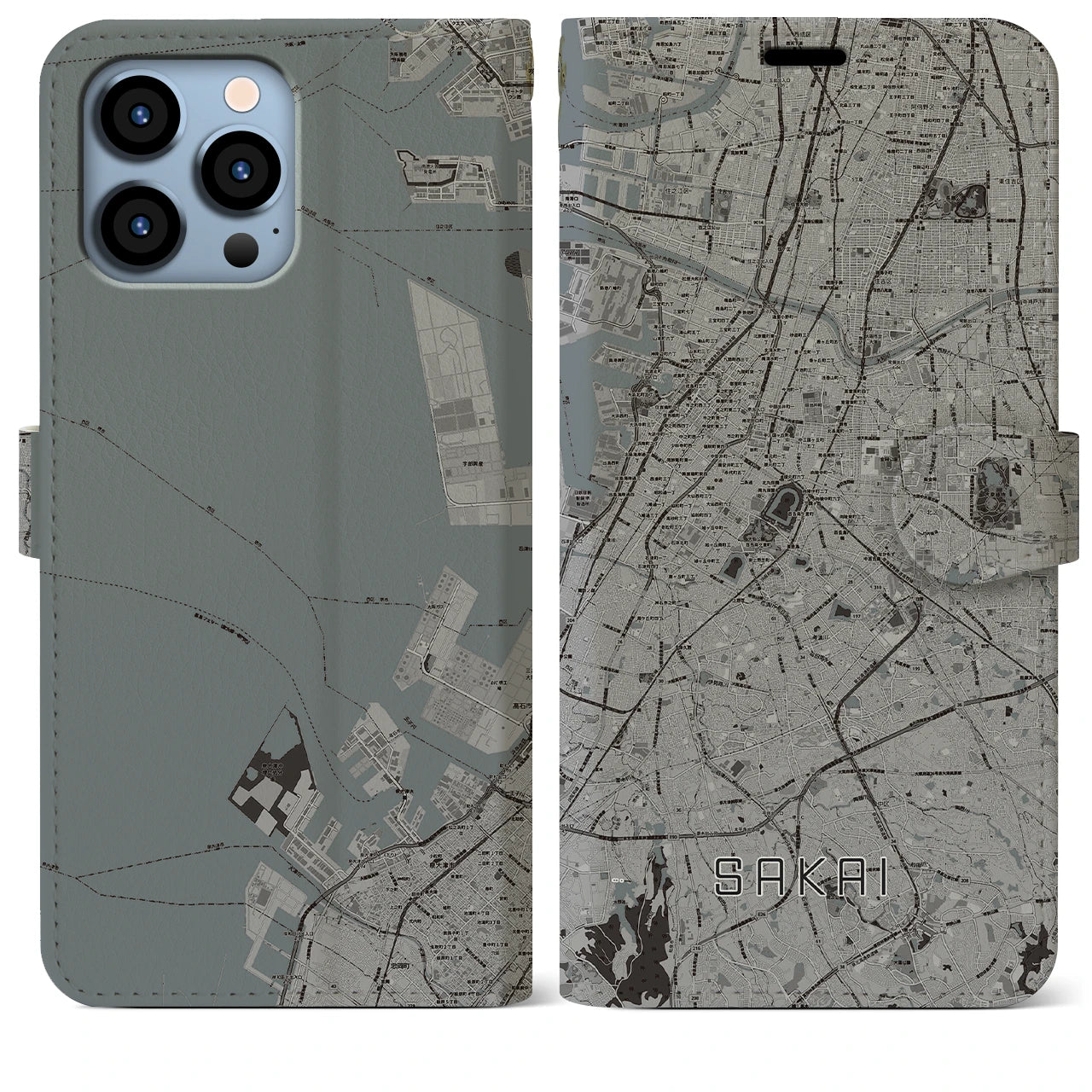 【堺(大阪府)】地図柄iPhoneケース(手帳タイプ)モノトーン・iPhone 13 Pro Max 用
