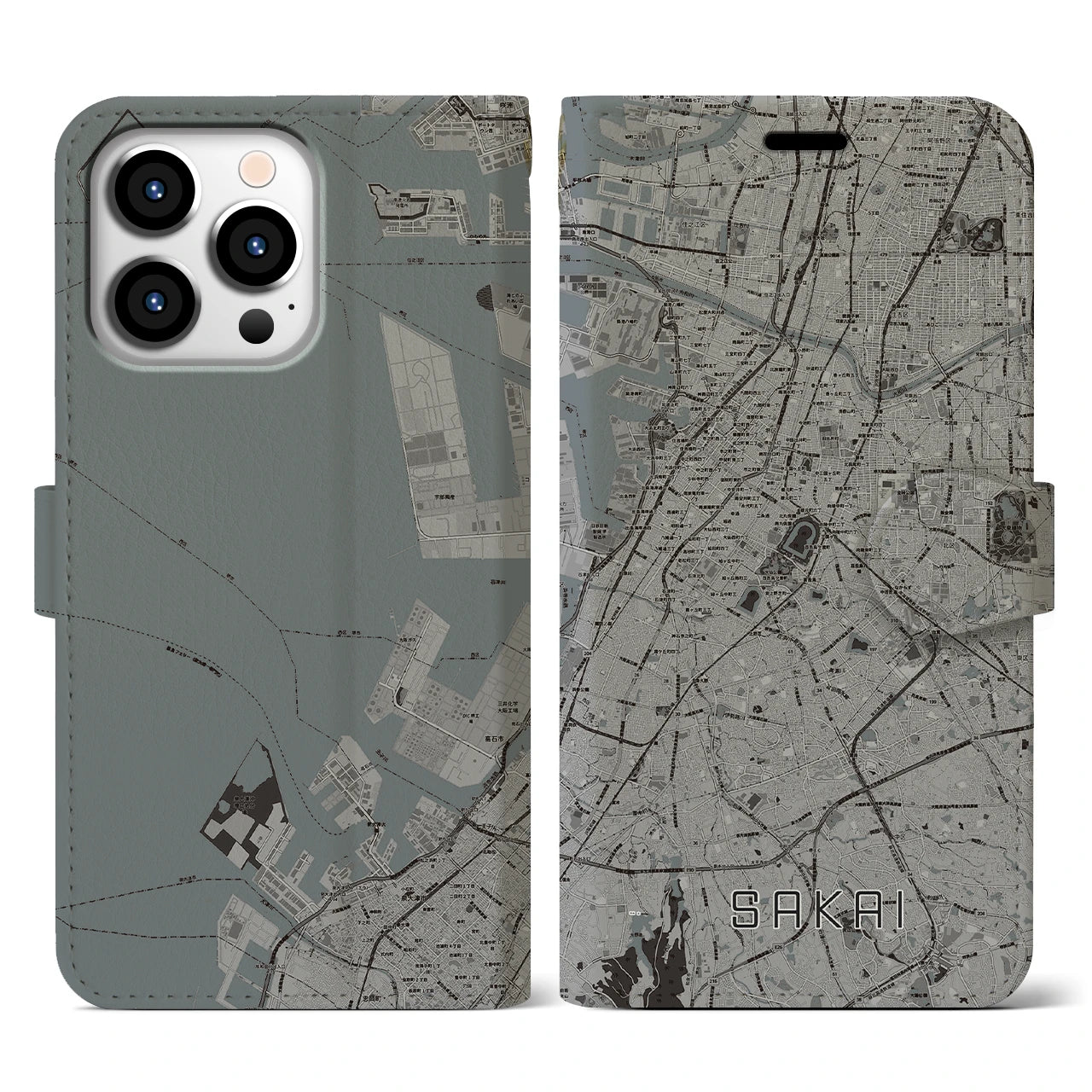 【堺(大阪府)】地図柄iPhoneケース(手帳タイプ)モノトーン・iPhone 13 Pro 用