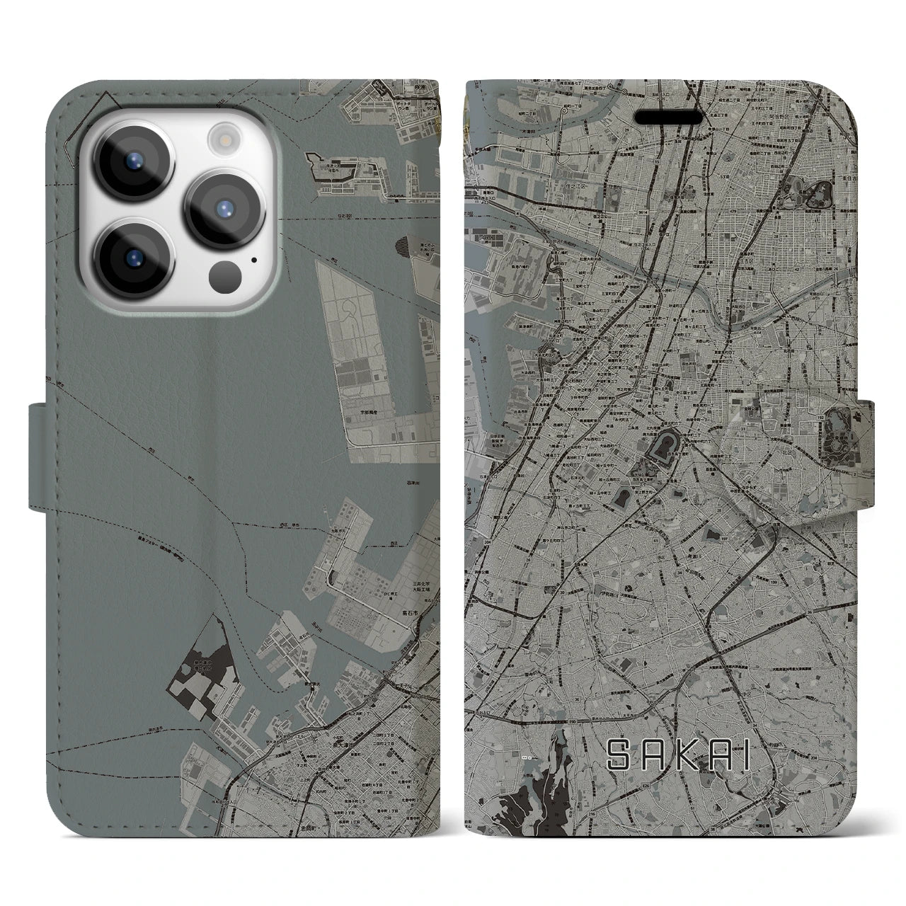 【堺(大阪府)】地図柄iPhoneケース(手帳タイプ)モノトーン・iPhone 14 Pro 用