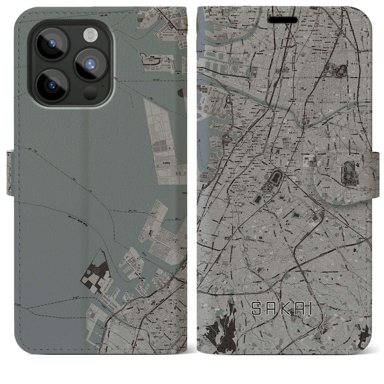 【堺(大阪府)】地図柄iPhoneケース(手帳タイプ)モノトーン・iPhone 15 Pro Max 用