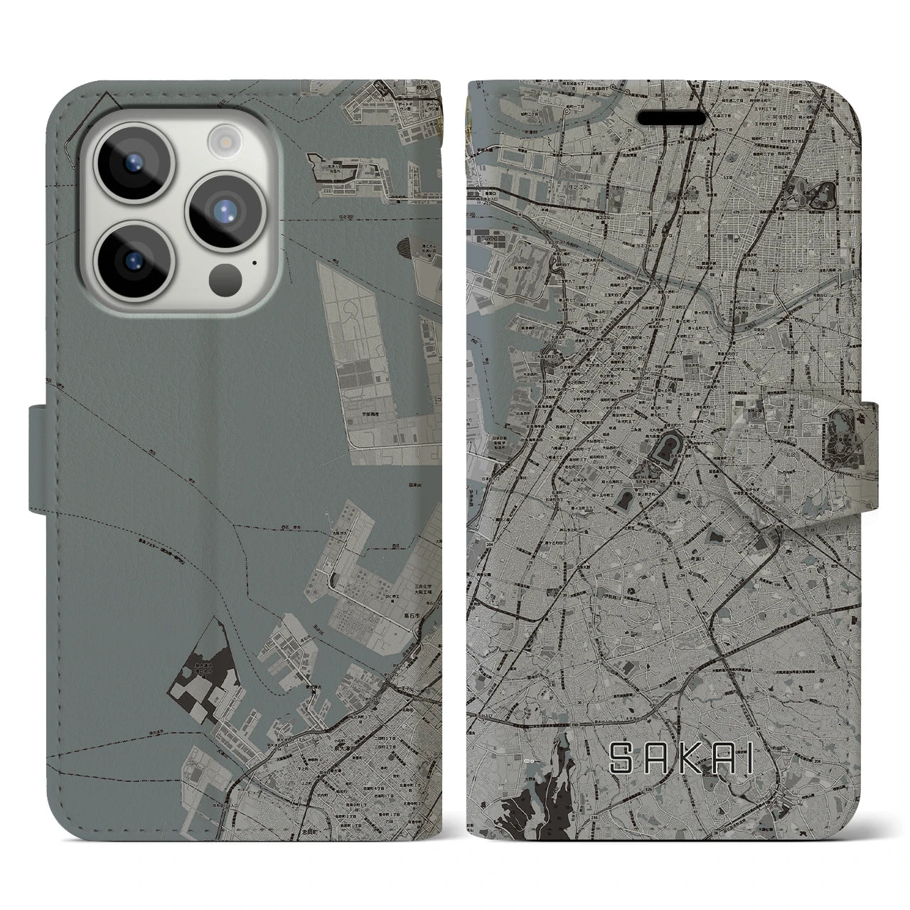 【堺(大阪府)】地図柄iPhoneケース(手帳タイプ)モノトーン・iPhone 15 Pro 用