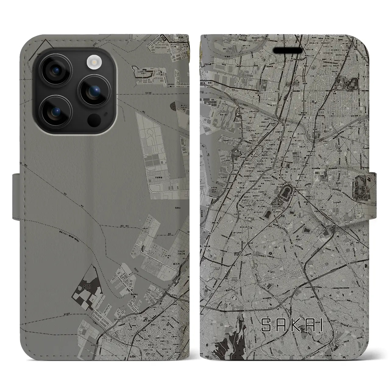 【堺(大阪府)】地図柄iPhoneケース(手帳タイプ)モノトーン・iPhone 16 用