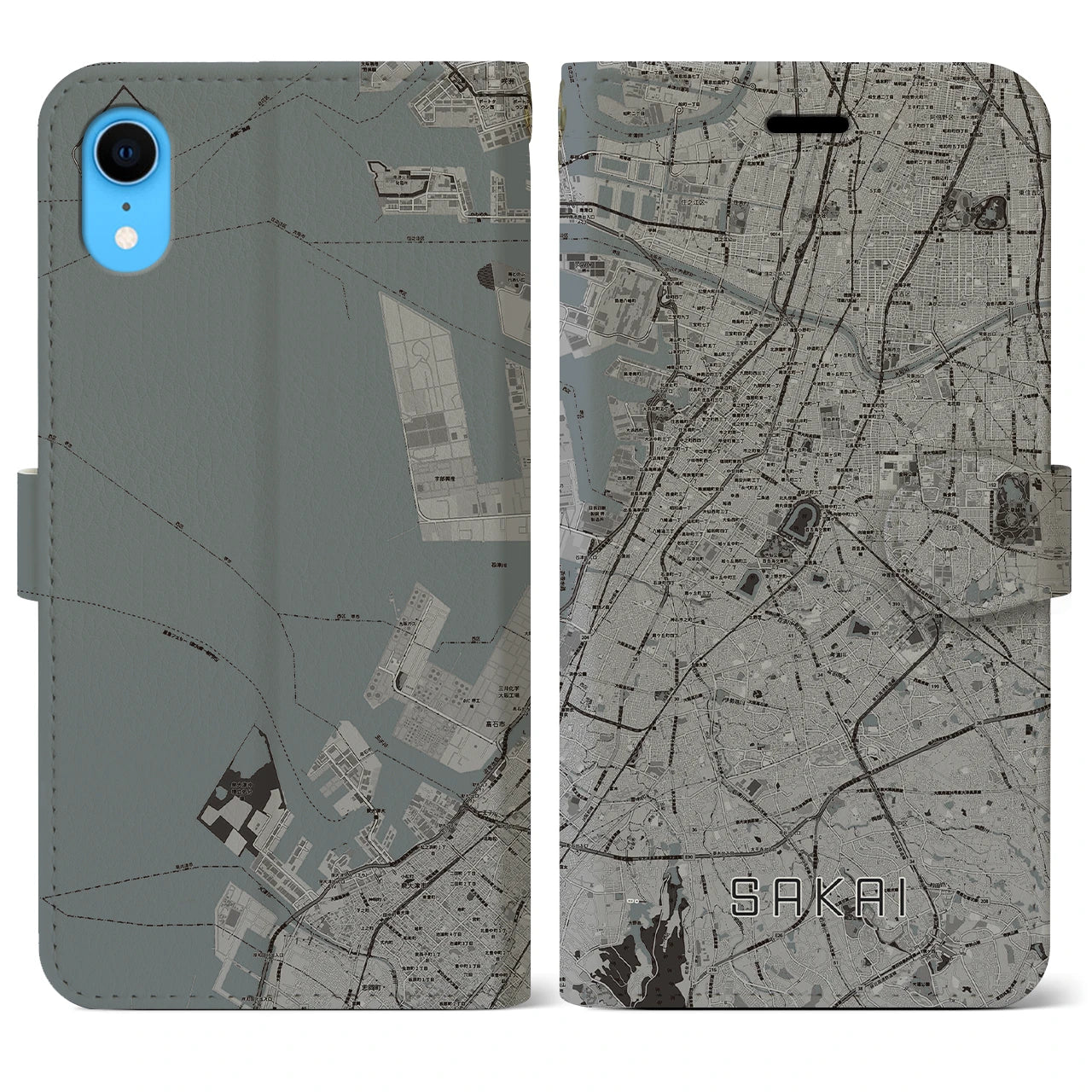【堺(大阪府)】地図柄iPhoneケース(手帳タイプ)モノトーン・iPhone XR 用