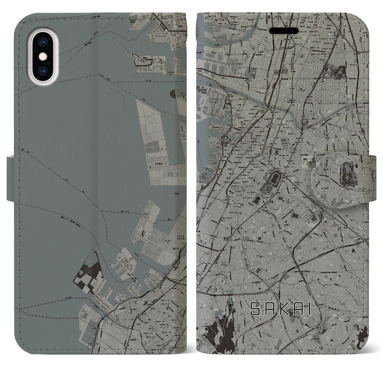 【堺(大阪府)】地図柄iPhoneケース(手帳タイプ)モノトーン・iPhone XS Max 用