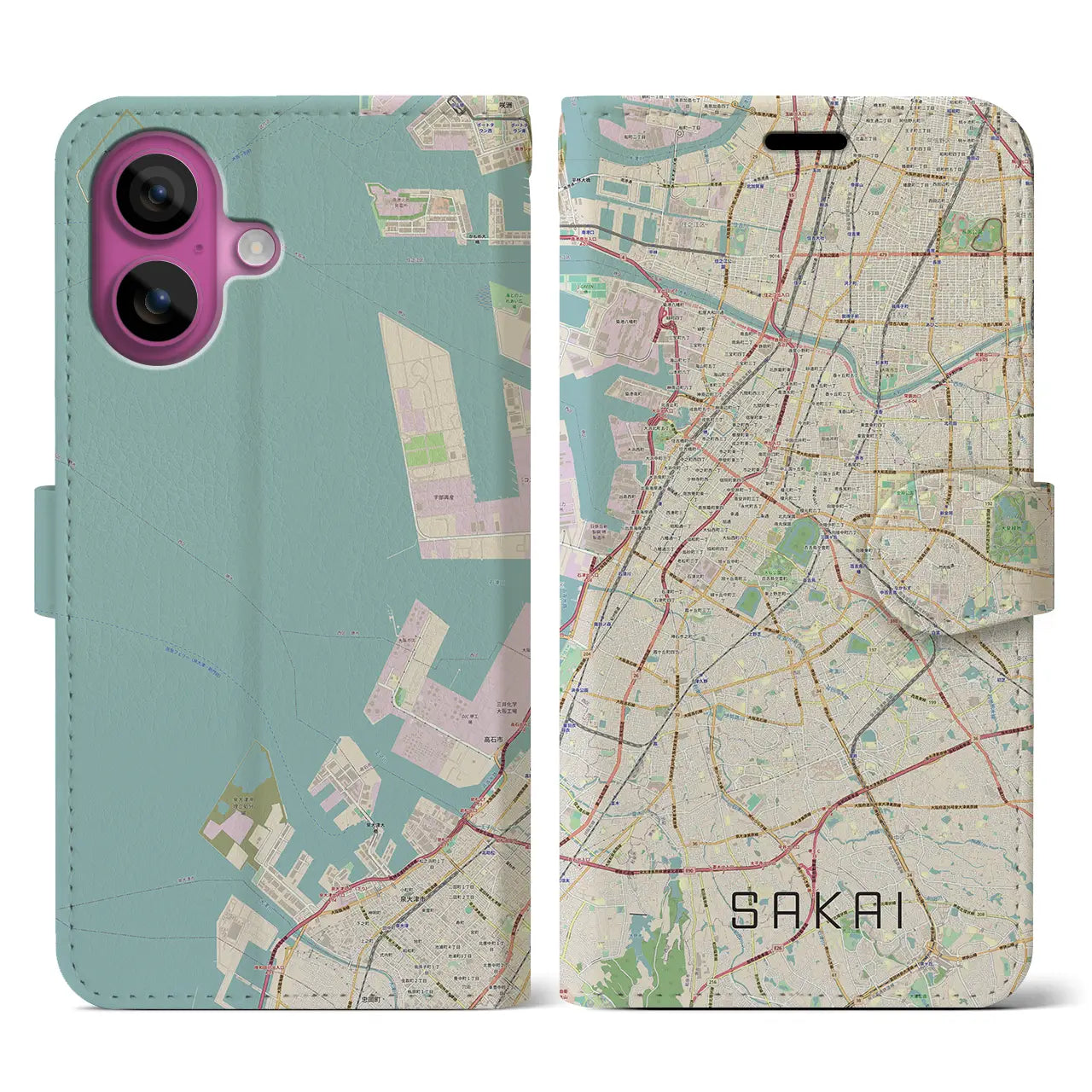 【堺(大阪府)】地図柄iPhoneケース(手帳タイプ)ナチュラル・iPhone 16 Pro 用