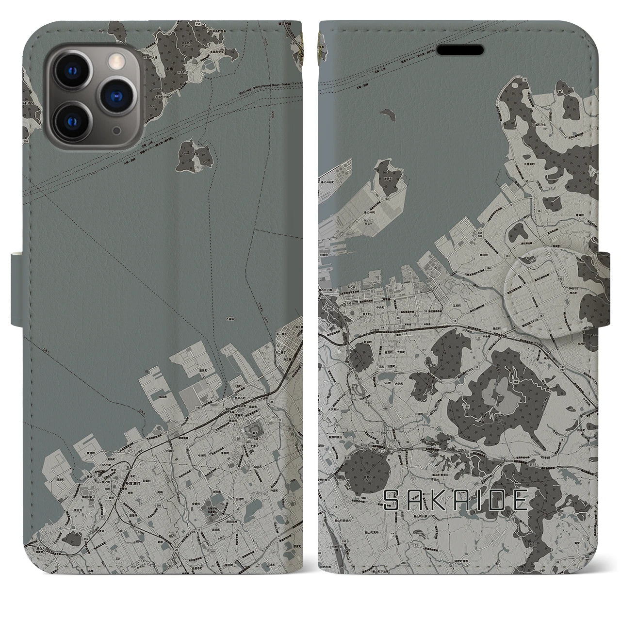 【坂出(香川県)】地図柄iPhoneケース(手帳タイプ)モノトーン・iPhone 11 Pro Max 用