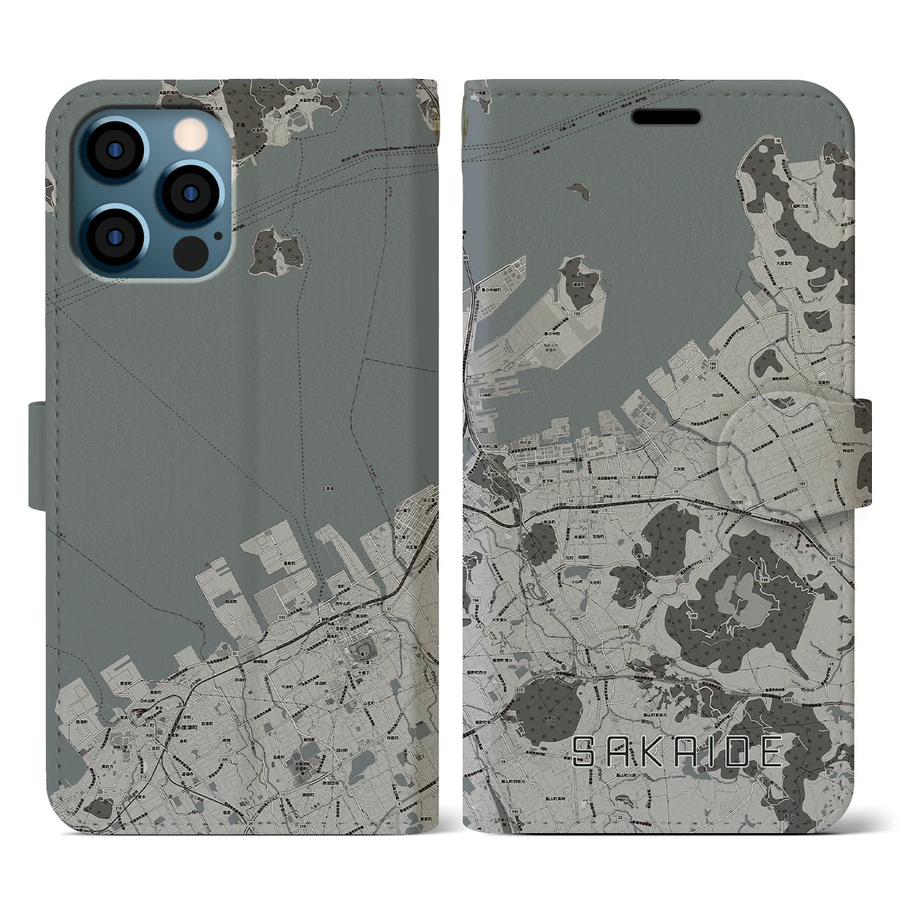 【坂出(香川県)】地図柄iPhoneケース(手帳タイプ)モノトーン・iPhone 12 / 12 Pro 用