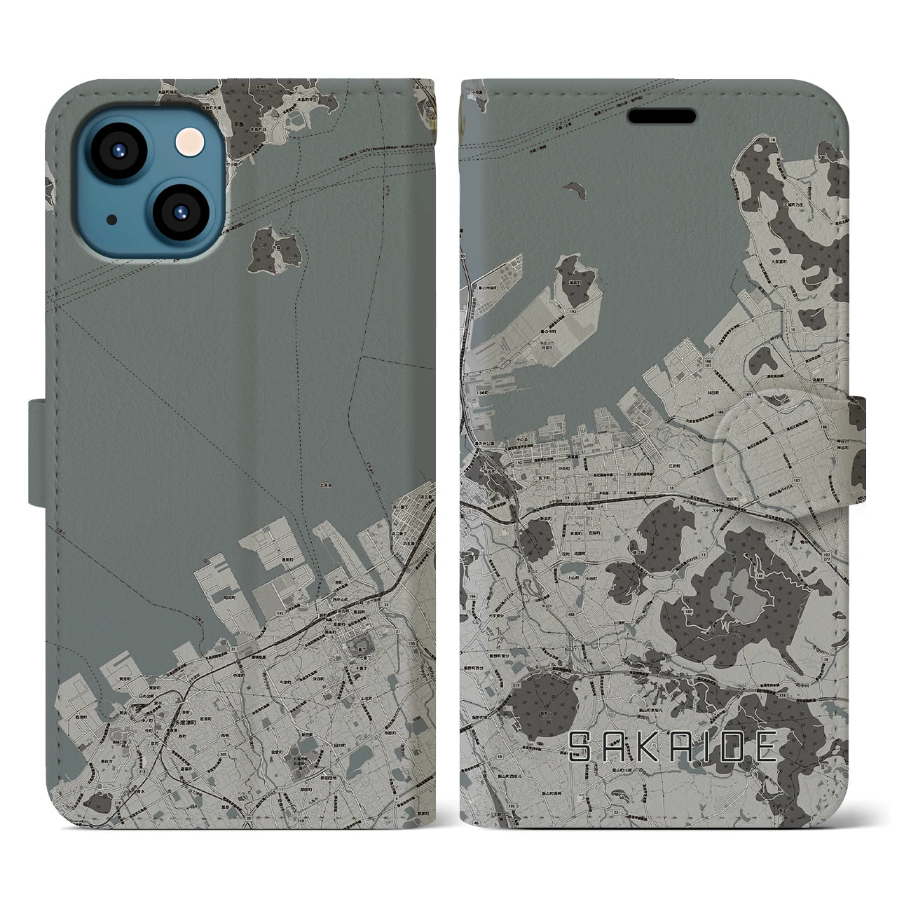 【坂出(香川県)】地図柄iPhoneケース(手帳タイプ)モノトーン・iPhone 13 用