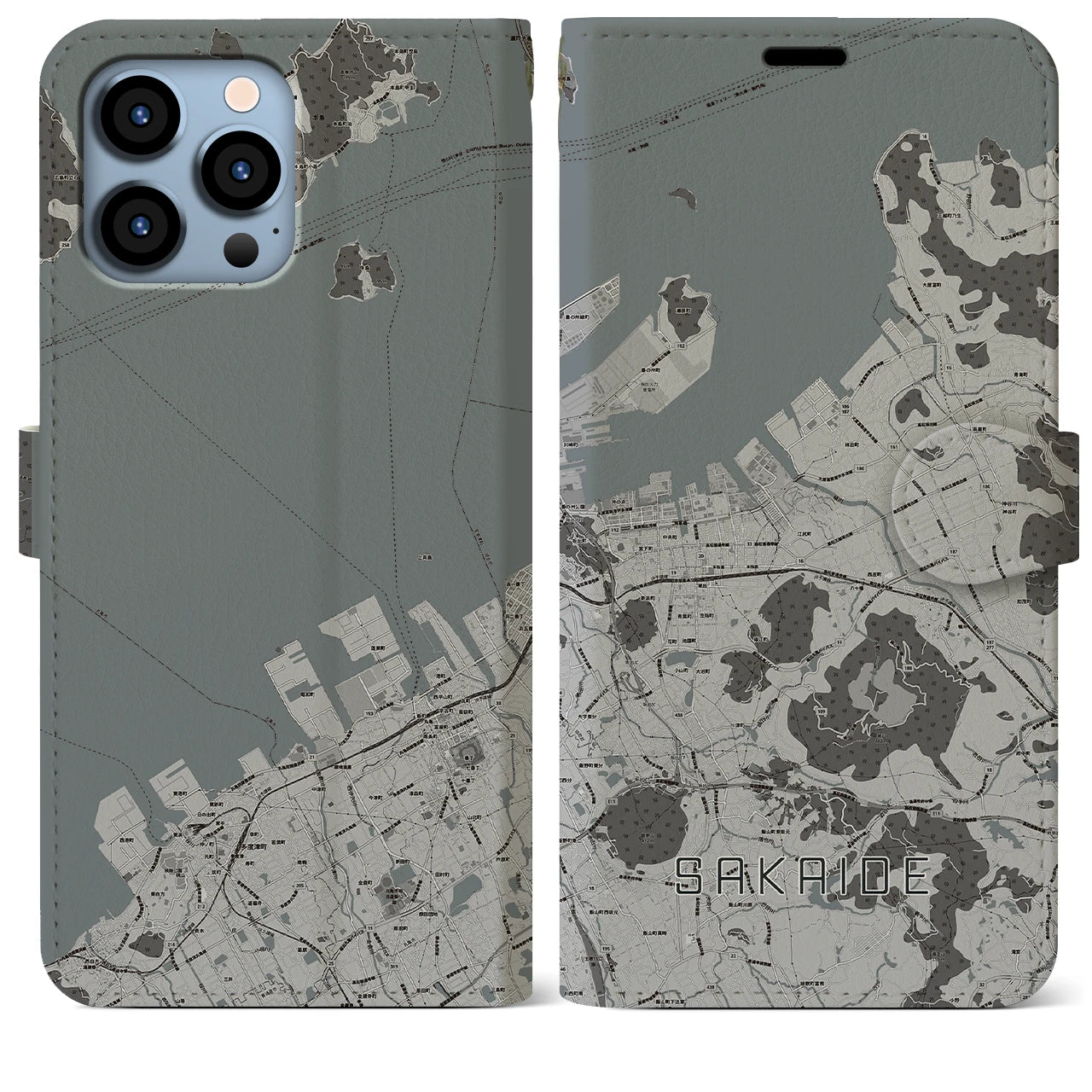 【坂出(香川県)】地図柄iPhoneケース(手帳タイプ)モノトーン・iPhone 13 Pro Max 用