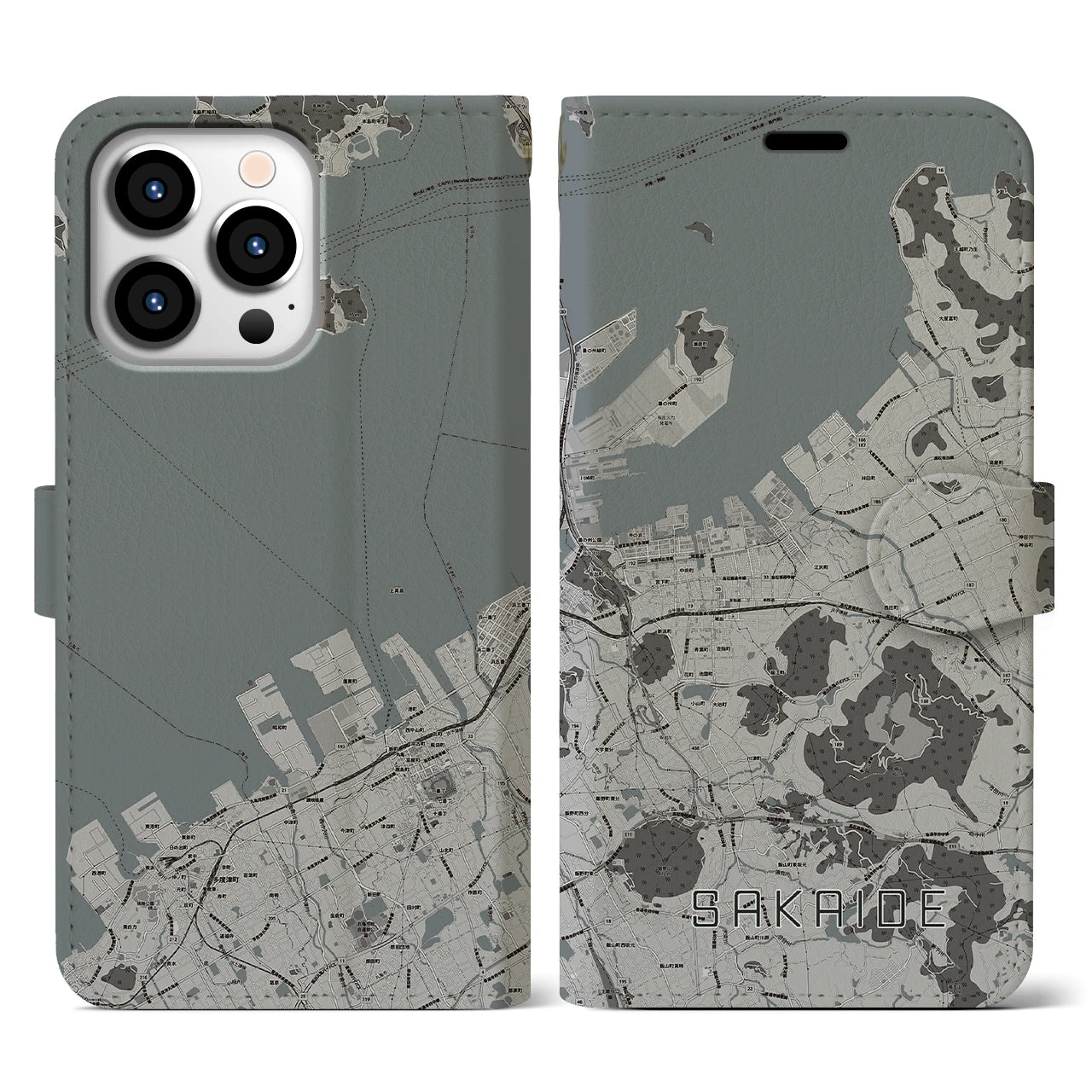 【坂出(香川県)】地図柄iPhoneケース(手帳タイプ)モノトーン・iPhone 13 Pro 用