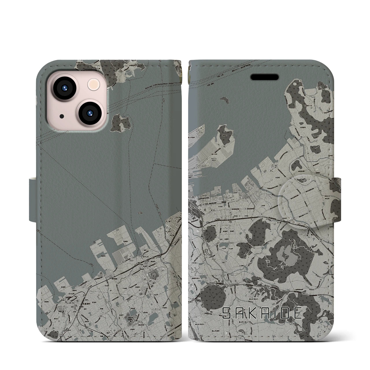 【坂出(香川県)】地図柄iPhoneケース(手帳タイプ)モノトーン・iPhone 13 mini 用