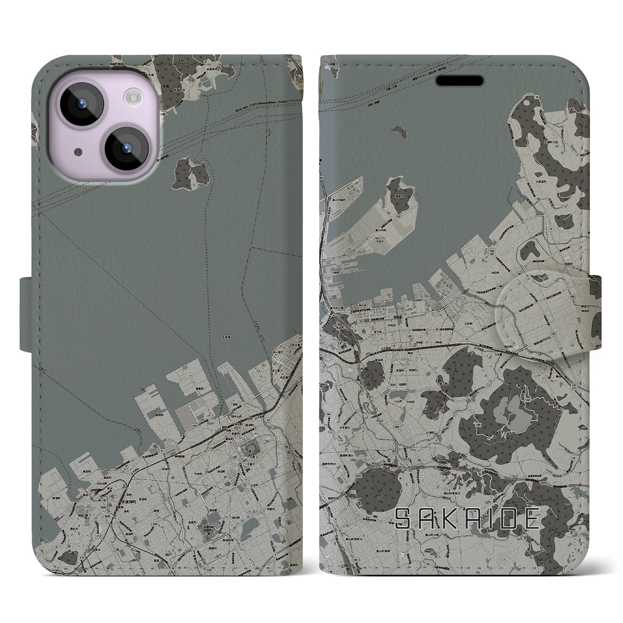 【坂出(香川県)】地図柄iPhoneケース(手帳タイプ)モノトーン・iPhone 14 用