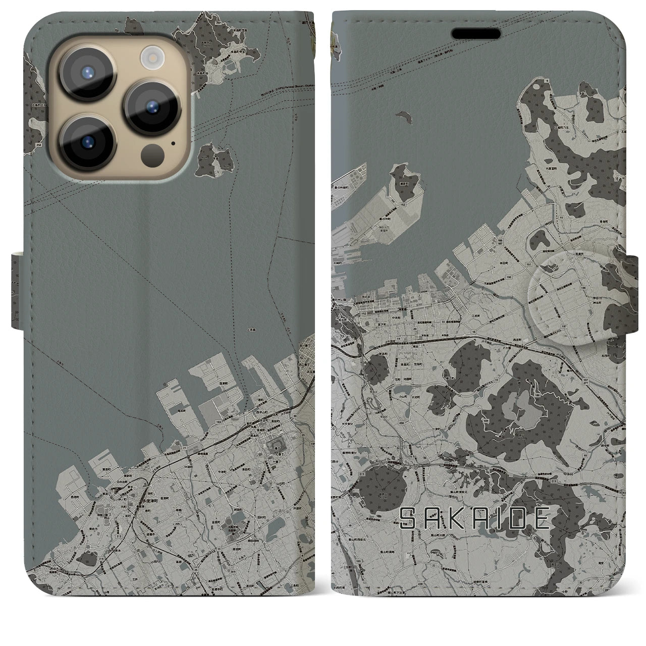 【坂出(香川県)】地図柄iPhoneケース(手帳タイプ)モノトーン・iPhone 14 Pro Max 用