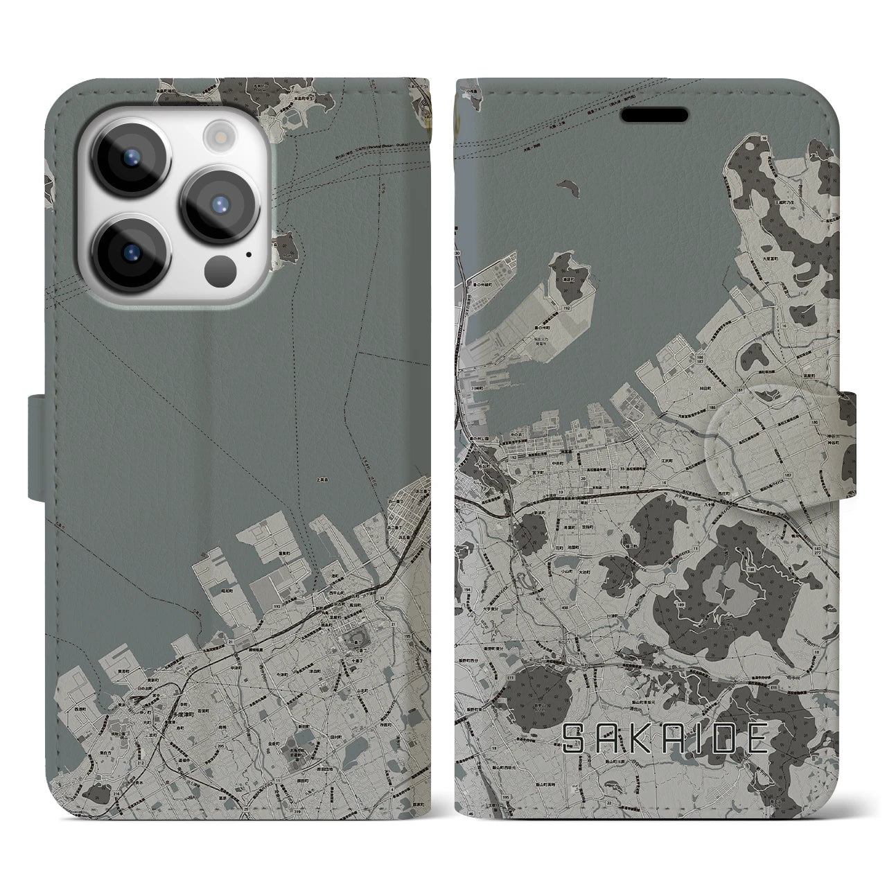 【坂出(香川県)】地図柄iPhoneケース(手帳タイプ)モノトーン・iPhone 14 Pro 用